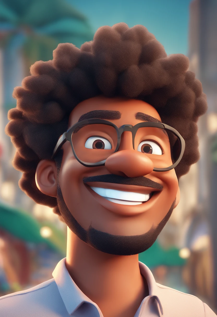 Smiling Man Illustration, sorriso insano, Homem afro americano  de pele marrom com um sorriso gigante, happily smiling at the camera, sorriso atrevido, he's smiling, sorriso muito grande, Macho sorridente, foto de perfil headshot, rindo sorriso enorme, desenhando no estilo de Arte 3D, c4d, fundo de cor branco puro, estilo disney, estilo pixar render ilustracao Super Detalhe, 8k