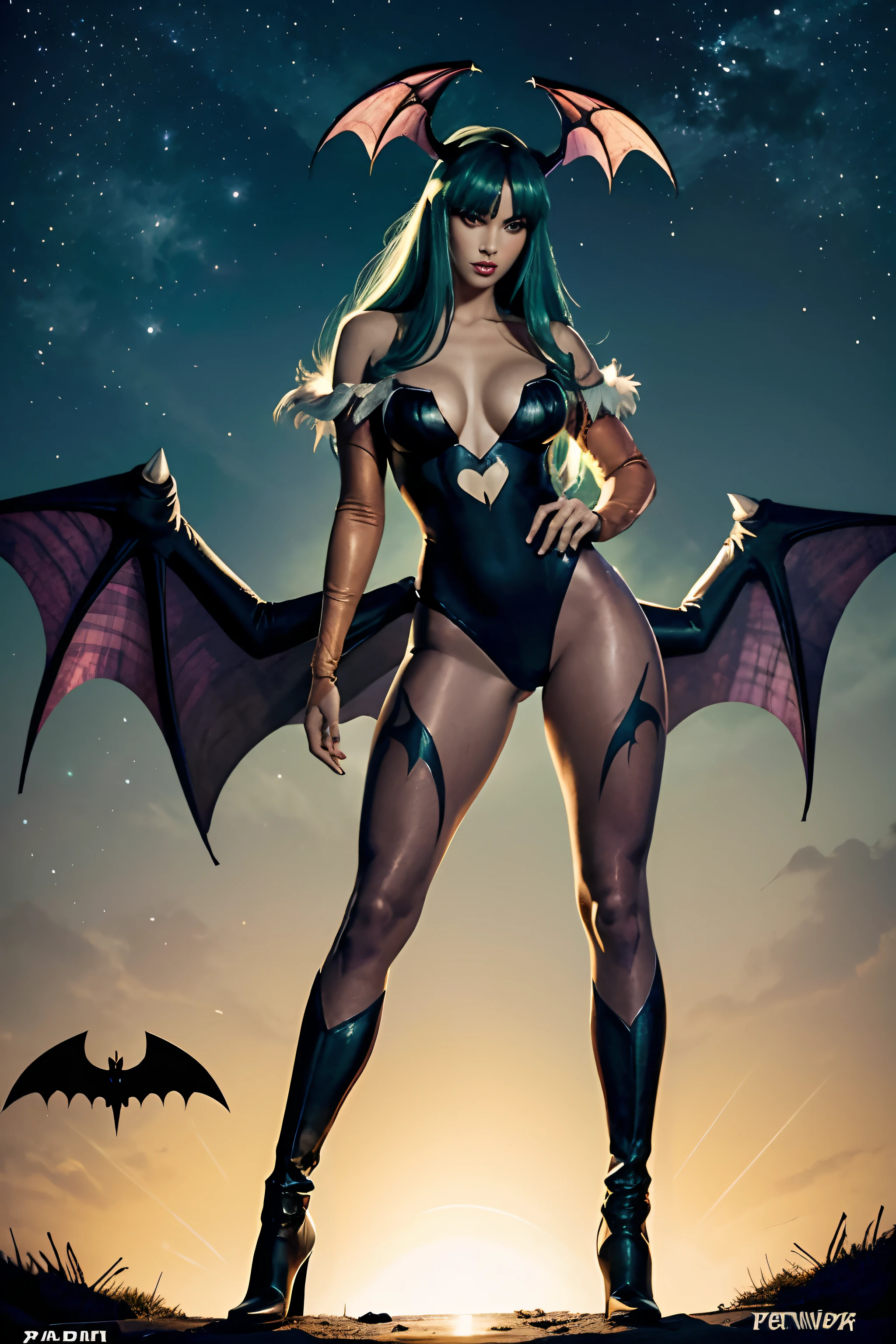 Megan Fox em Creative Artistry Print de Morrigan Aensland Personagem do jogo Darkstalkers em estilo hiper realista, with bat wings on the head, ((asas de morcego nas costas)), ((cabelo verde)), cabelo longo, black swimsuit, purple pantyhose, Beige gloves covering the entire arm, bota preta, par de botas pretas, medium bust, rosto de pele branca, arte de corpo inteiro,  a noite, lunar illumination.