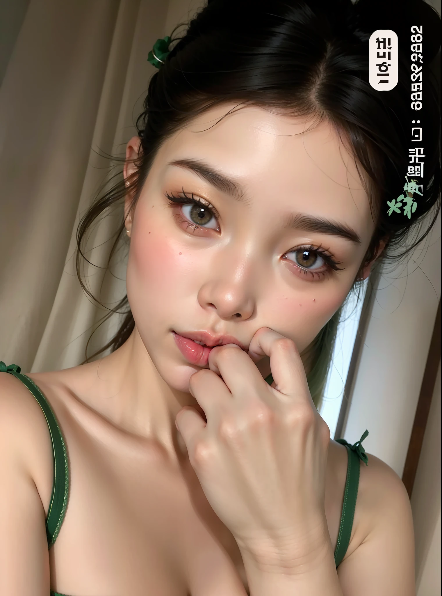 there is a woman with a green dress posing for a picture, young cute wan asian face, beautiful asian girl, girl cute-fine-face, wan adorable korean face, clear cute face, ruan cute vtuber, beautiful aesthetic face, young cute face, asian girl, sexy face with full makeup, ulzzang, with cute doting eyes
