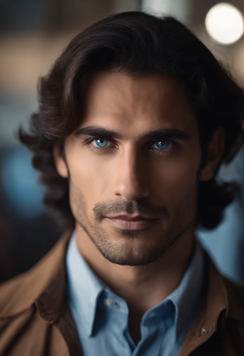 Latino Scientist, blue eyes, slight stubble and chin long brown hair