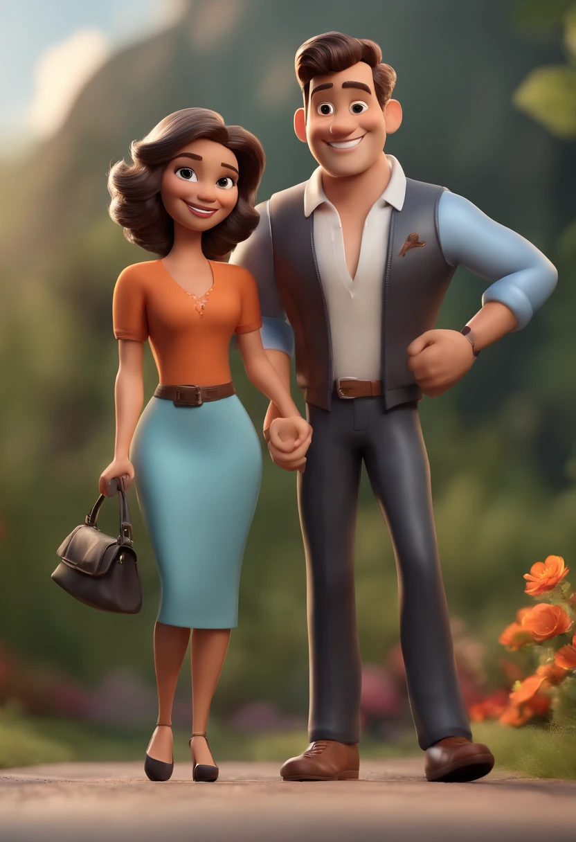 Cartoon characters of a man and a woman who are posing for a photo, Adorable and happy couple, casal sorridente, imagem interna, imagem de perfil, retrato de casal, Caractere estilizado, animation style rendering, 3D estilizado, Arnold Maya render, 3 d render stylized, toon render keyshot, Personagem 3D, Personagem 3D, 3d rendering stylized, 3 d character render, personagem de desenho animado, Personagem de close up, Pose de personagem, (Estilo Pixar) (master part:1.2) (Bokeh) (melhor qualidade) (pele detalhada) (textura detalhada) (8k) (argila) (Cinematic lighting)