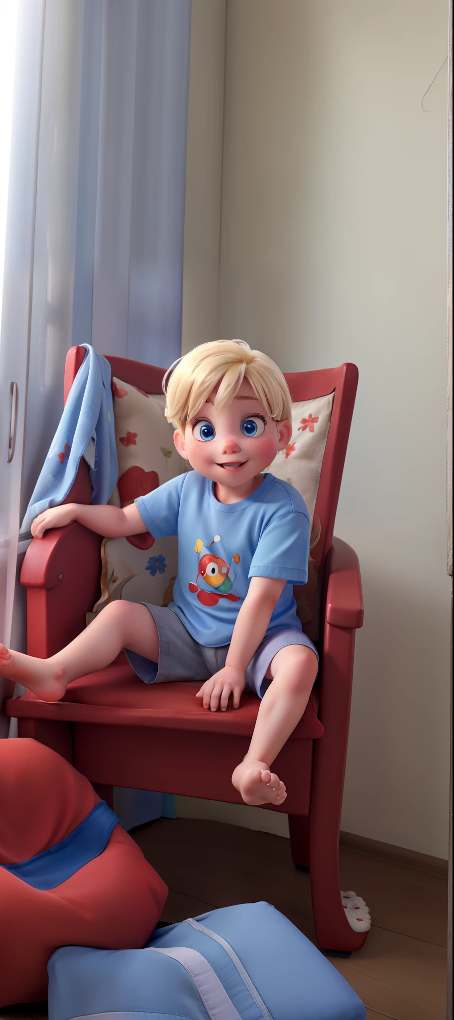 Blue eyed blond sitting on red chair under window, assim como o filme da Disney Pixar