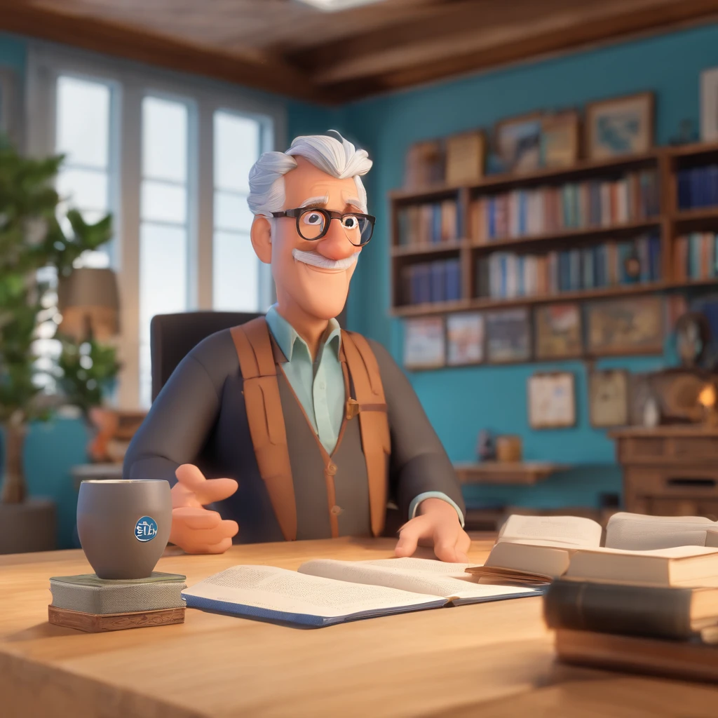 Crie um cartaz inspirado na Disney Pixar com o personagem sendo o pastor Rubens Janier, A gray-haired man wearing glasses, in an office with a Bible on the table, Looking forward and serious