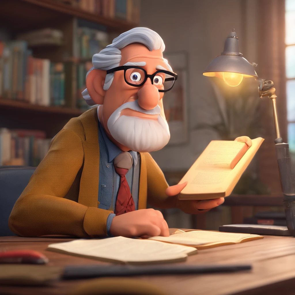 Crie um cartaz inspirado na Disney Pixar com o personagem sendo o pastor Rubens Janier, A gray-haired man wearing glasses, in an office with a Bible on the table, Looking forward and serious