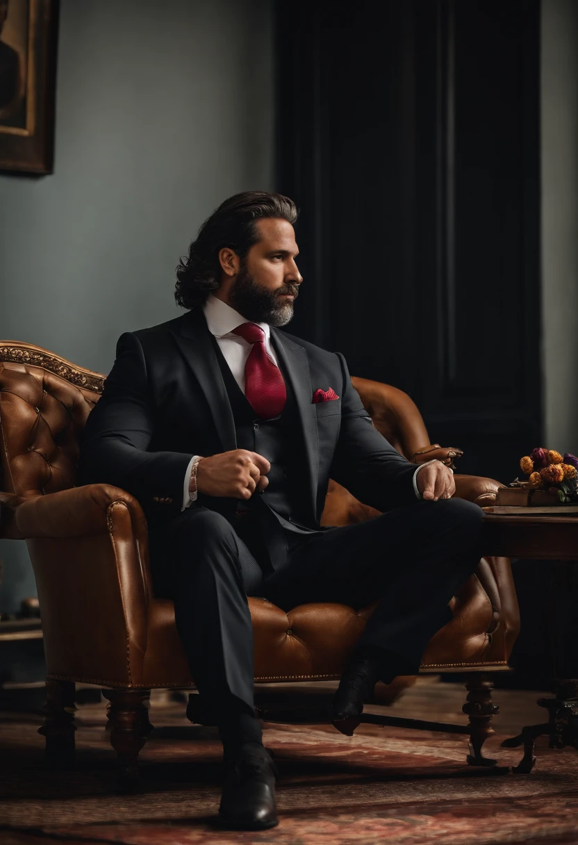 Homem 40 anos moreno, cabelo cacheado preto, 90kg, roupa de terno e gravata preta, Bible in hand, fundo cinza