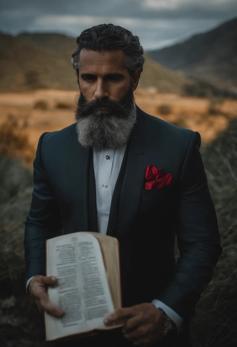 Homem 40 anos moreno, cabelo cacheado preto, 90kg, roupa de terno e gravata preta, Bible in hand, fundo cinza