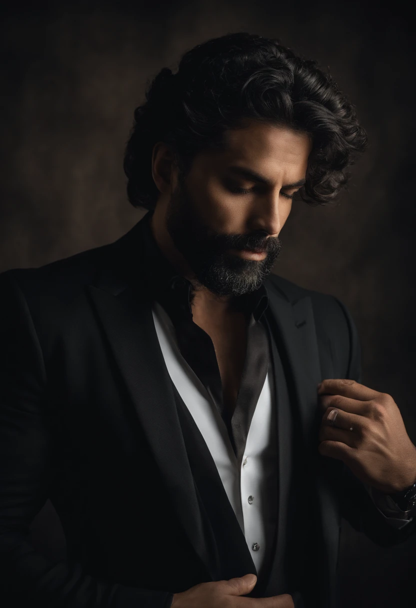 Homem 40 anos moreno, cabelo cacheado preto, 90kg, roupa de terno e gravata preta, Bible in hand, fundo cinza