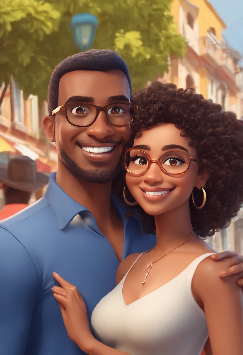 "An illustration of an adorable couple, apresentando um alegre, rechonchudo, Mulatto man with glasses and a brown-skinned woman with beautiful expressive eyes. O homem tem pele mulata e cabelos cacheados, enquanto a mulher tem pele negra e cabelos castanhos lisos. They are wearing the characteristic navy blue uniforms of the Municipal Guard of Feira de Santana, bahia. Atingem um exuberante, austero, e poses imponentes, com um carro patrulha azul marinho e Lagoa Grande, as well as buildings in the background. Illustrate this scene from a perspective where they are facing the camera, sorridente, and showing your connection. Create this artwork in Full HD, Focus on a cinematic touch, no estilo da Disney Pixar Animations. A legenda inferior diz Disney / Pixar, Guarda Municipal de Feira de Santana."