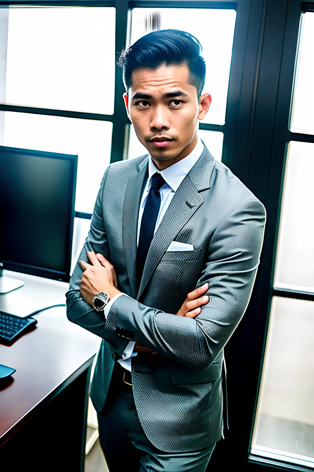 Vencedor do World Press Photo, (award-winning photography:1.3), (Modern Indonesian man wearing formal office clothes, cara bonita, young man, Indonesian skin tone, Typical male characteristics of Indonesia:1.4), (8k, Foto .RAW, best quality:1.3), (Realistic, photo-realistic, roupas modestas:1.1), Inspirador, Portait de um (Modern Indonesian man beautiful typical indoors:1.5), analogue style (Olhe para o Visualizador:1.2) (textura da pele) (filmic grain:1.3), (Tonalidade quente, tom quente:1.2), fechar para cima, Cinematic light, side-lighting, ultra high-resolution, Melhor sombra, .RAW, vestindo terno, Microgeometria, elasticidade da pele, light scattering through hair, Ambient occlusion, Sombreamento de pele multicamadas, facial muscle simulation, iris and pupil rendering, advanced color grading, Office suit, s office, Sorrindo, medium shot, dinamic poses, Crossing your hands, vegetation
