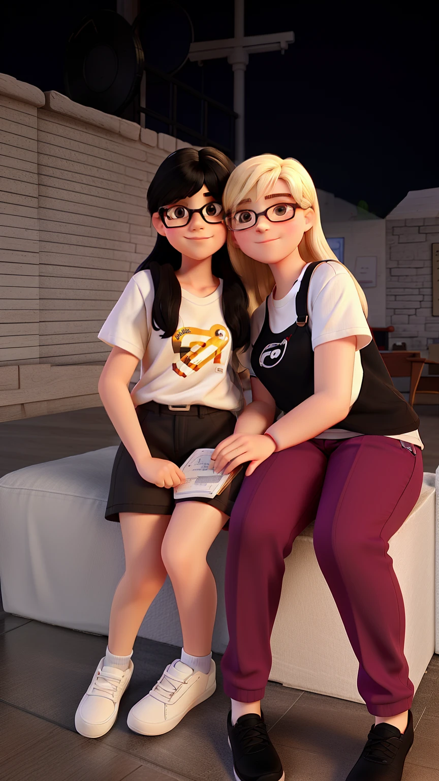 Girl in glasses 11 years old black hair and 35 year old blonde white woman in t-shirt