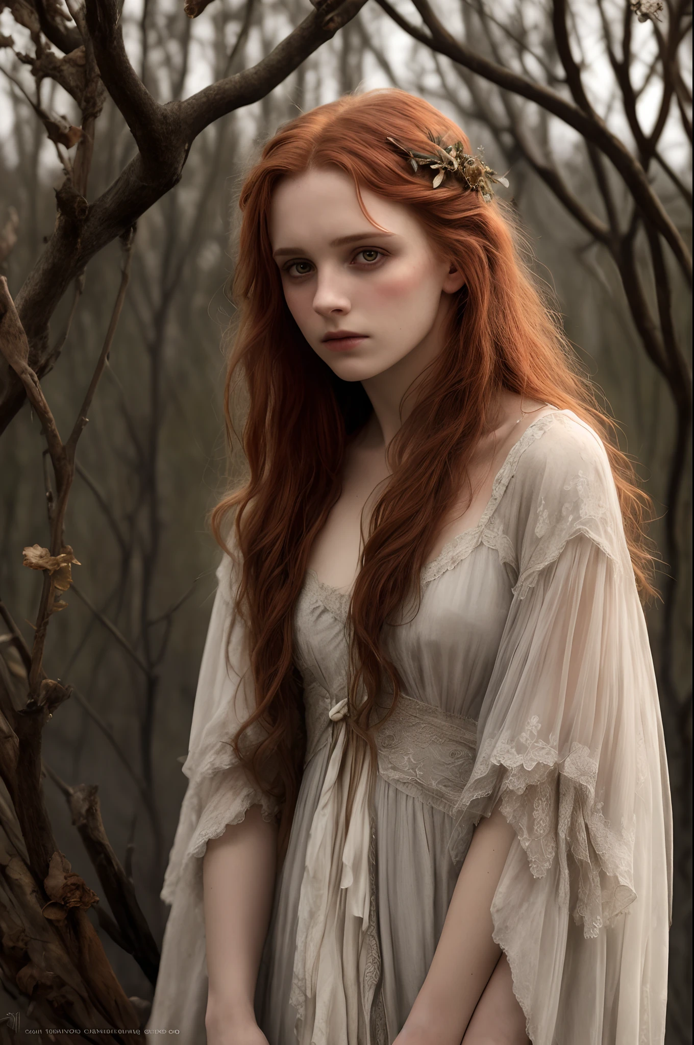 Full portrait, Realistic, Photorealistic, RAW photo, Highly detailed, cinematic rendering, Wild Dead Forest, evening, Cute 24-year-old woman, Leaning back in a tree and looking up at the grey cloudy sky, Redhead, Sexy, Dressed in a white tattered nightgown, Black leaves float in the air, the glittering particles flutter, Dinamic composition, Dark colours background, An atmosphere of melancholy and lonely, surreal photo by Alphonse Mucha, detailed perfect face, Melancholic eyes, Faded colors, cinematic  composition