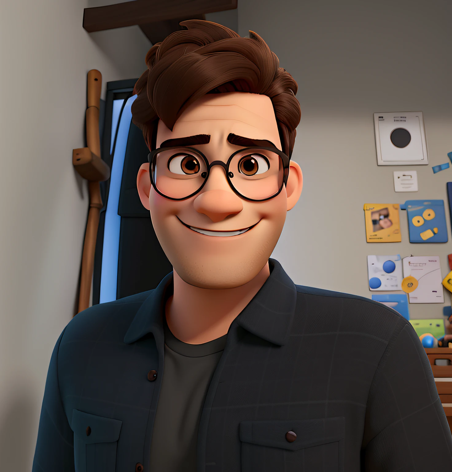 um homem estilo disney pixar, with round glasses, eyes brown, small smile, alta qualidade, melhor qualidade