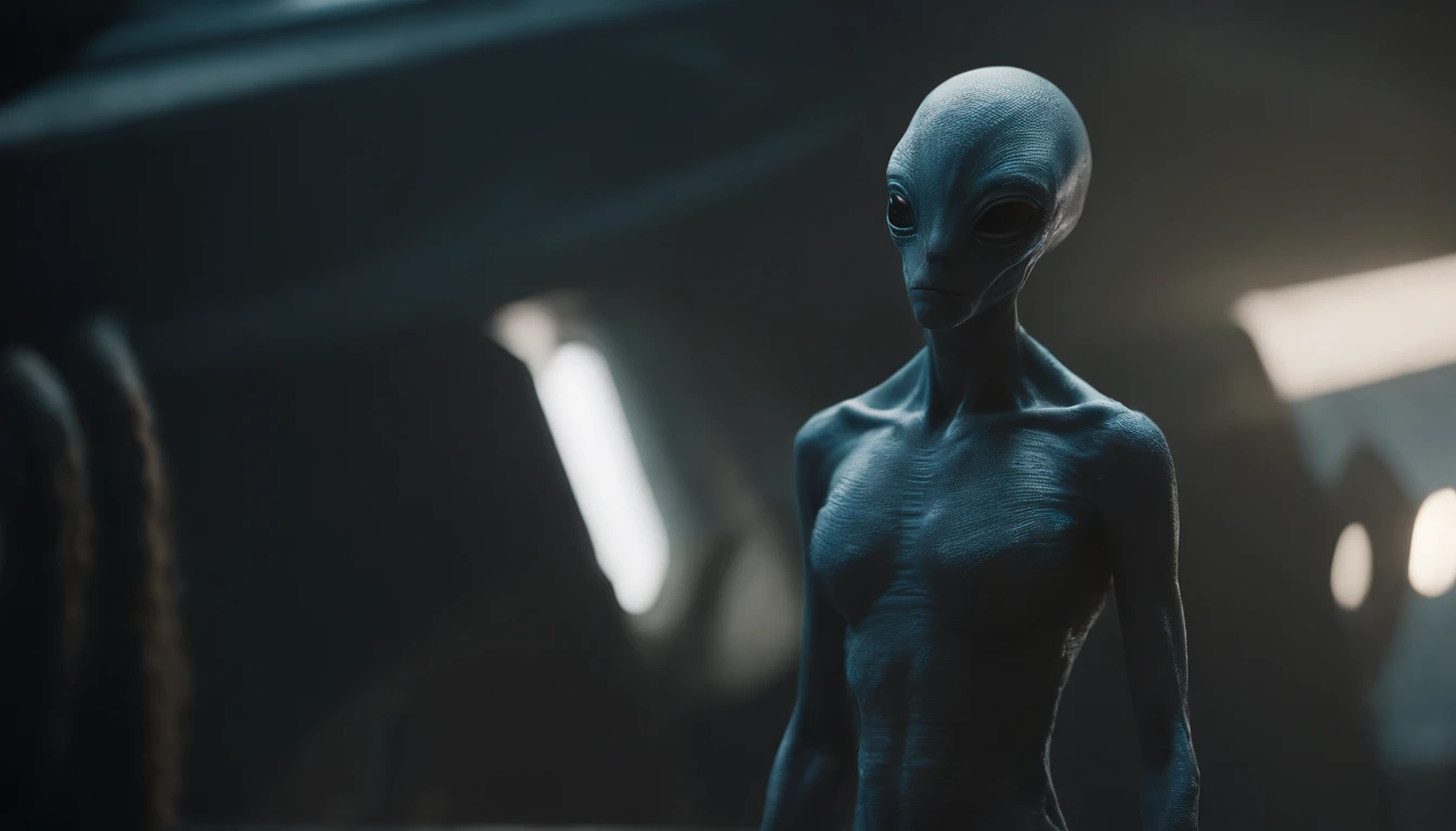 Ethereal alien creature with bluish-gray skin，中景 the scene is，Corpo inteiro como，VFX surreal de 16K altamente detalhado，OC rendering，Disparo 70mm - AR 16:9 --q 2 --s 1000. cinnamatographic lighting, em campo, 50 metros da pousada espacial, Aceso com pequenas luzes, explorer of another supernatural species, Noble expression, inteligente, Curioso. Creature has no sex, is an asexual hermaphrodite. high level of detail, Wear a suit attached to camouflage skin