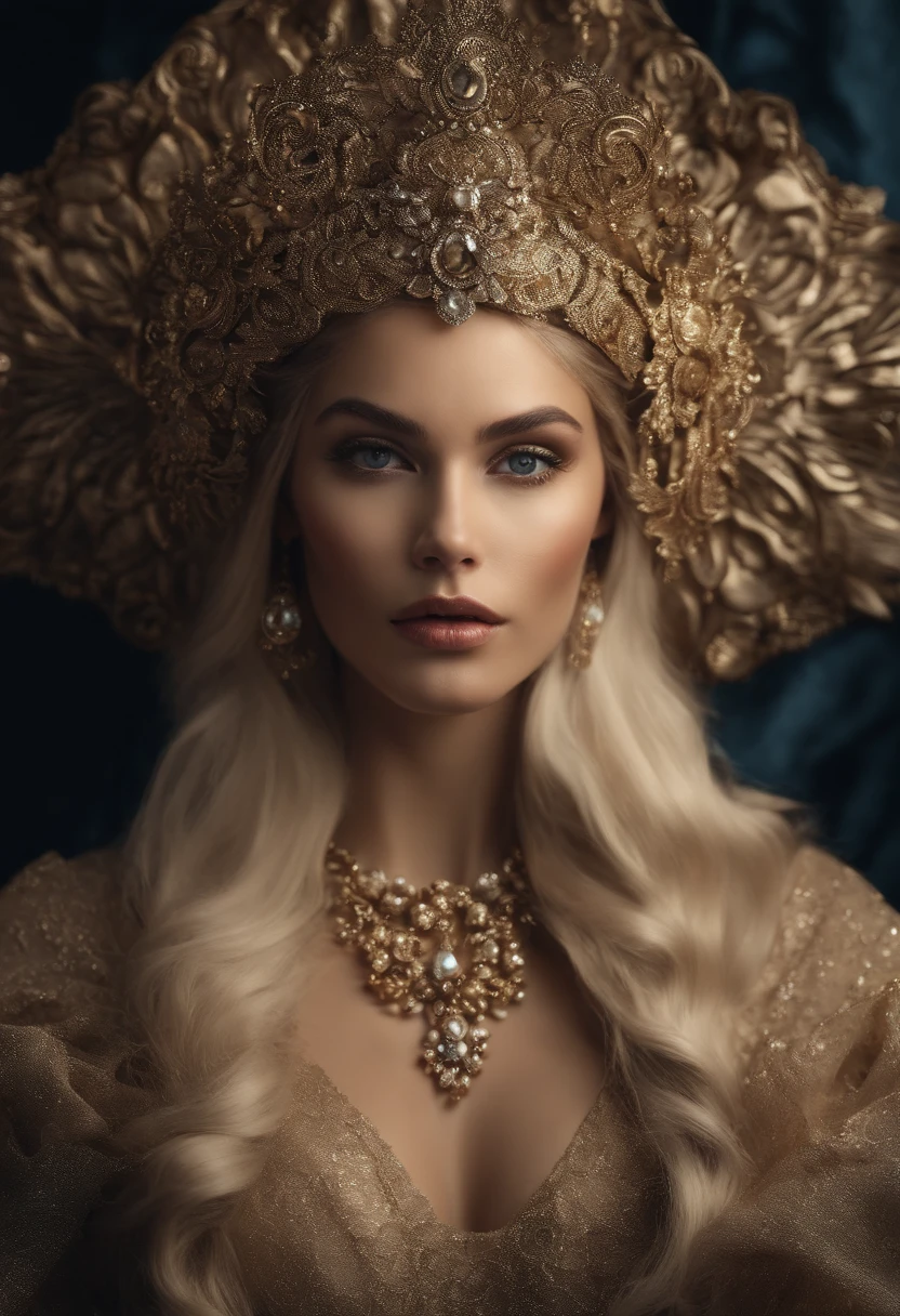 Um belo retrato da imperatriz, blonde hair, Olhos Azuis Perfeitos, com um brilhante, impossible awesome great christmas headpiece, roupas Papai Noel vestes, tudo Natal, neve, symmetric, Dramatic studio lighting, RococoStyle, Barroco, verdura, Asian, hiper-realismo, Closeup, d&d, fantasia, intrincado, elegante, altamente detalhado, pintura digital, art-station, octan render, 8k, arte conceitual, Fosco, foco nítido