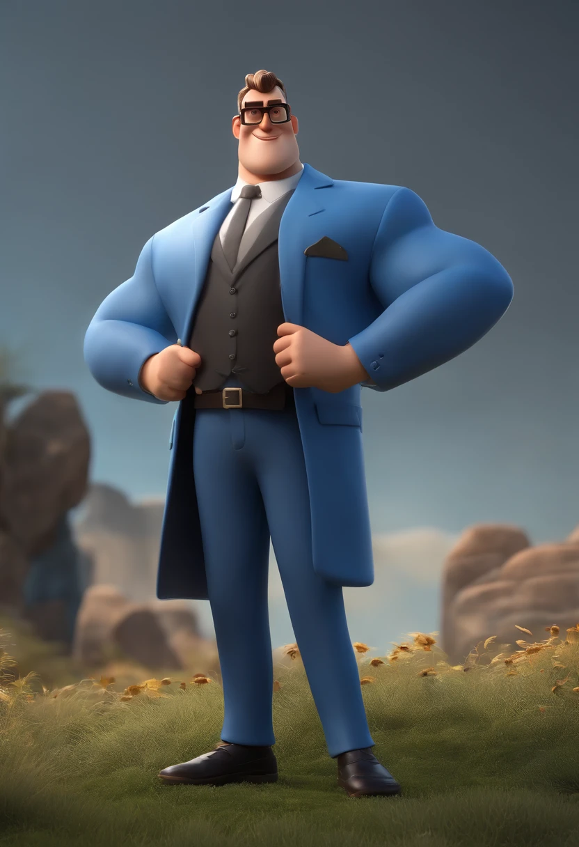 Cartoon character of a man wearing black glasses and a blue shirt, um personagem animado, Caractere estilizado, animation style rendering, 3D estilizado, Arnold Maya render, 3 d render stylized, toon render keyshot, Personagem 3D, Personagem 3D, 3d rendering stylized, 3 d character render, personagem de desenho animado, Personagem de close up, Pose de personagem, (Estilo Pixar) (master part:1.2) (Bokeh) (best quality) (pele detalhada) (textura detalhada) (8k) (argila) (Cinematic lighting) (foco nítido,Senta e vaza a parte superior do corpo