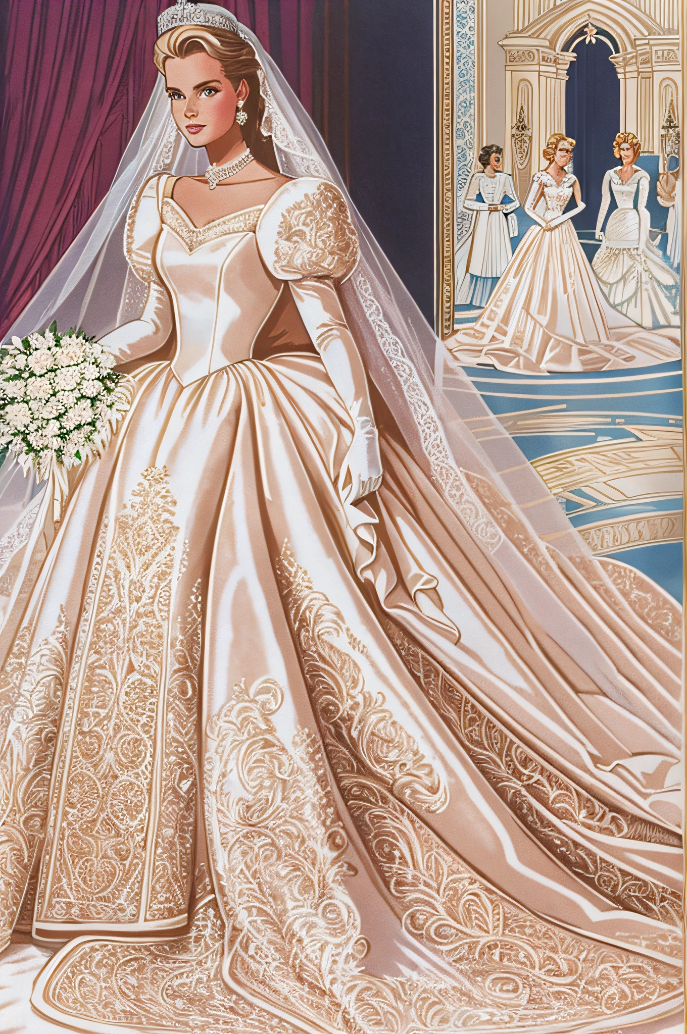 1980s style, Grace Kelly's royal wedding dress updated for the late 1980's with a Cinderella aesthetic