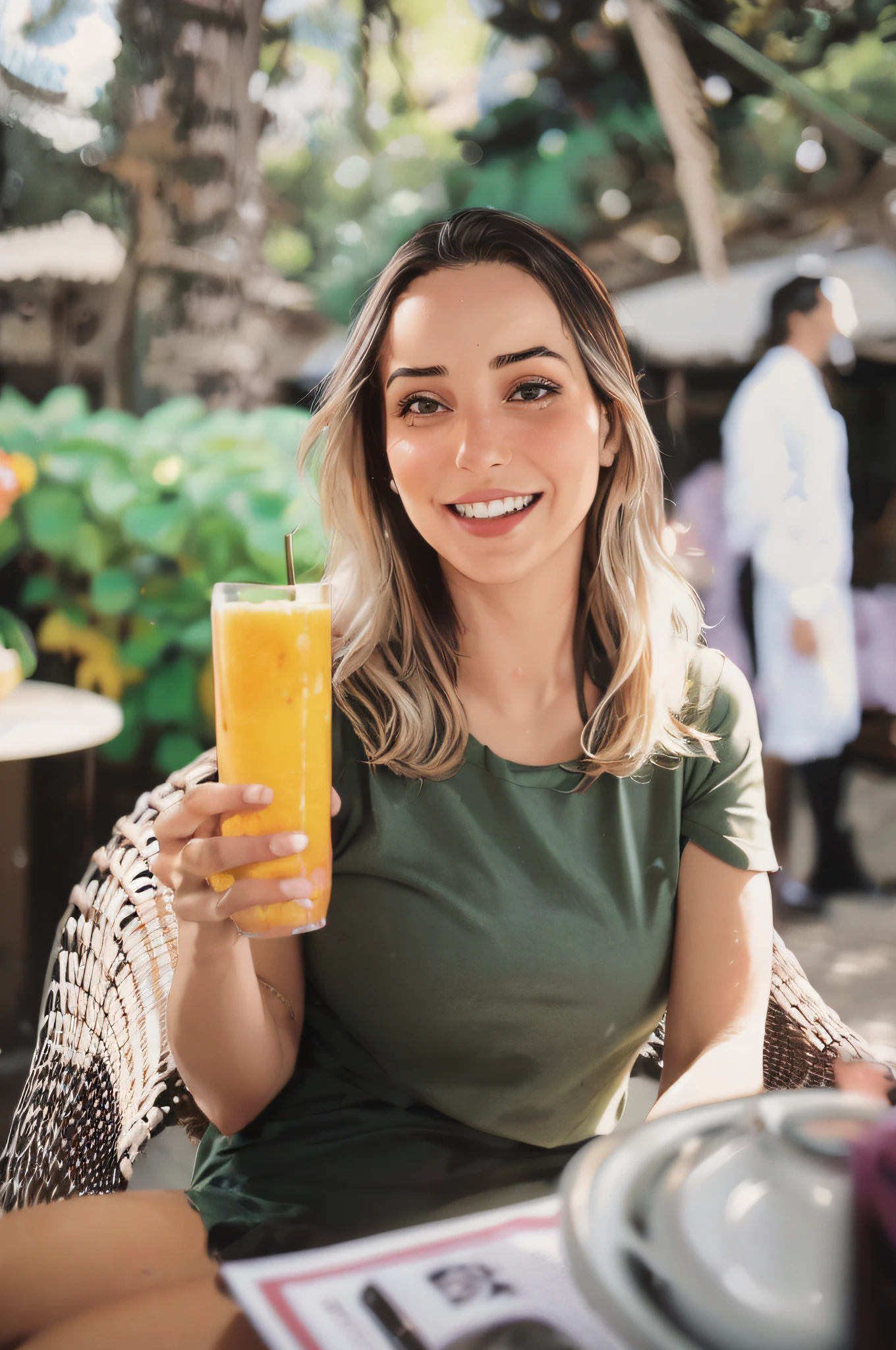 uma mulher loira, 30 anos, sentada, segurando um copo com suco de laranja, alta qualidade, melhor qualidade