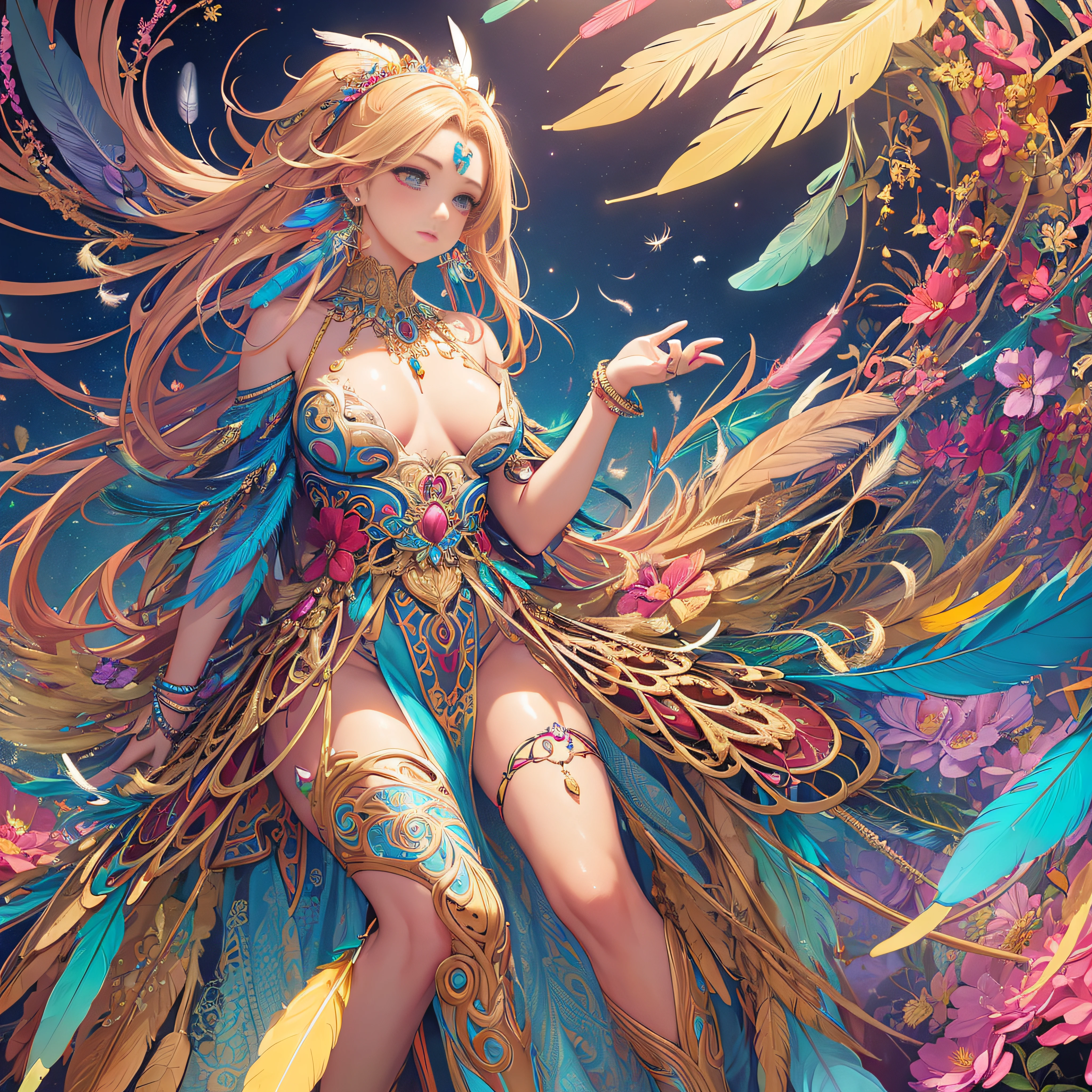 girl with, Small breasts, Bare shoulders, Blonde hair, colorful feather, metal ornaments, Colorful flowers, Particle, light, (masutepiece, of the highest quality, Best Quality, Official art, Beautiful and aesthetic:1.2), (1girl in:1.3), Extremely detailed, (Fractal Art:1.1), ( Colorful:1.1)(Flowers:1.3),highest details,(Zentangle:1.2), (Dynamic Pose), (Abstract background:1.3), (Shiny skin), (Many colors:1.4), (earrings:1.4), (Feathers:1.4), Full body image --auto
