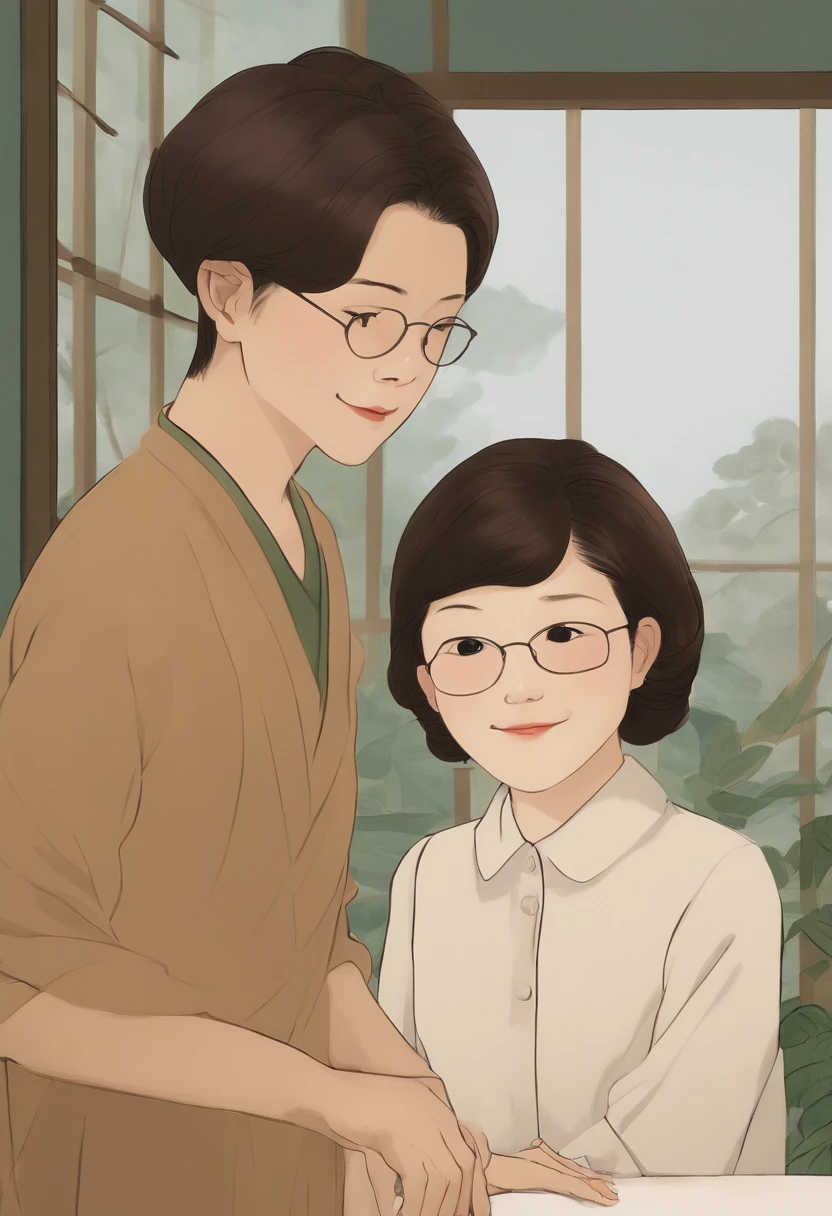 It's two people in the room, uma mulher de cabelos castanho,liso no ombro,oculos marrom, salao de beleza,uma mulher deitada na maca, High definition, Ikuo Hirayama, Yoshitomo Nara, Sobre a mesa, Tadashi Nakayama, sorridente, beautiful face