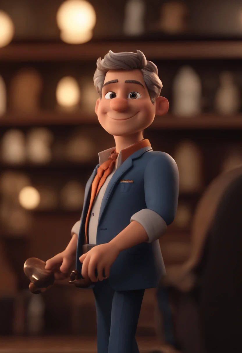 personagem dos desenhos animados de um homem com pele parda , barba pequena, um fisioterapeuta, with a demonstrative vertebral spine in his hand , com jaleco azul escuro , uma roupa social bem alinhada , fazendo ajuste de Quiropraxia,animation character, Caractere estilizado, animation style rendering, 3D estilizado, Arnold Maya render, 3 d render stylized, toon render keyshot, Personagem 3D, Personagem 3D, 3d rendering stylized, 3 d character render, personagem de desenho animado, Personagem de close up, Pose de personagem, (Estilo Pixar) (master part:1.2) (Bokeh) (best quality) (pele detalhada) (textura detalhada) (8k) (argila) (Cinematic lighting) (foco nítido