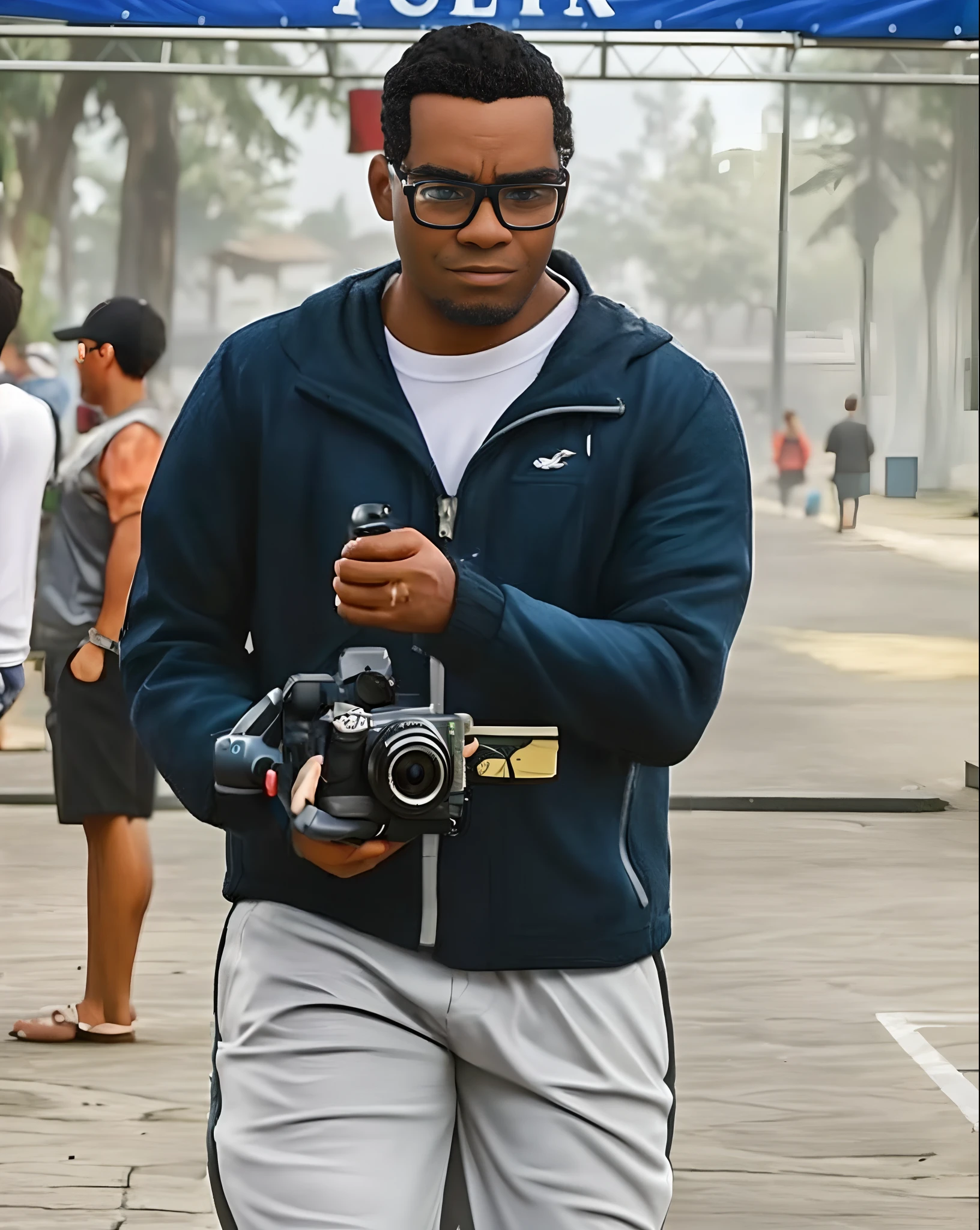 In an atmospheric environment shrouded in a gentle mist, A cartoon character with distinct black biotype traits advances. Este personagem estilizado tem pele escura, Black Characteristic Traits, adorned with glasses. Seu cabelo curto e crespo, Typical of a black person, complementa seu visual. Seus olhos, perfectly aligned and in no way cross-eyed, are fixed to the screen of the gimbal mounted camera. He wears a dark blue jacket with a subtle logo on the left side and contrasting light gray pants. Firmly Holding a Sony ZV-e10 Camera, he has it meticulously assembled on a state-of-the-art DJI Ronin SC gimbal. Em meio ao fundo desfocado, outras figuras movimentam-se, enquanto nosso cinegrafista estilizado permanece imerso em sua tarefa. the rendering, feita em um estilo animado 3D que lembra a Pixar, Exudes a masterful combination of art and realism, Enhanced by detailed texture and cinematic lighting.