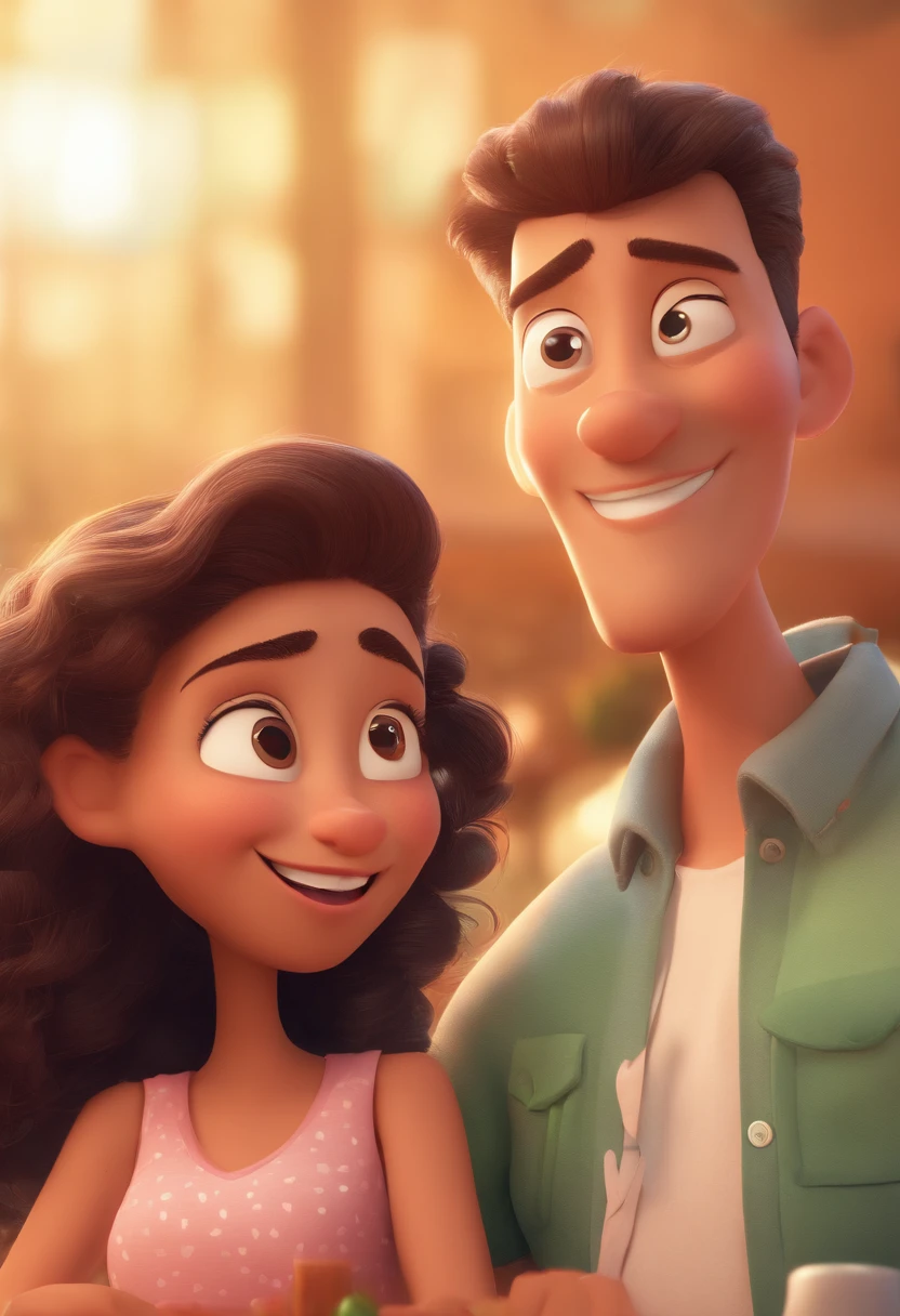 An illustration of an adorable couple, destacando um homem e uma mulher com bonito, Expressive eyes – the man's skin is black and the man's hair is bald and black, while the woman's skin is black and the woman's hair is curly and brown. They are a bright room, cada um com um sorriso no rosto, e compartilhar um momento especial caracterizado pelo amor, arroz, e insights educacionais. Illustrate this scene from a perspective where they are facing away from the camera, Showing Your Connection. Desenvolva esta arte em Full HD, Focus on your cinematic touch, Estilo Disney Pixar Animations