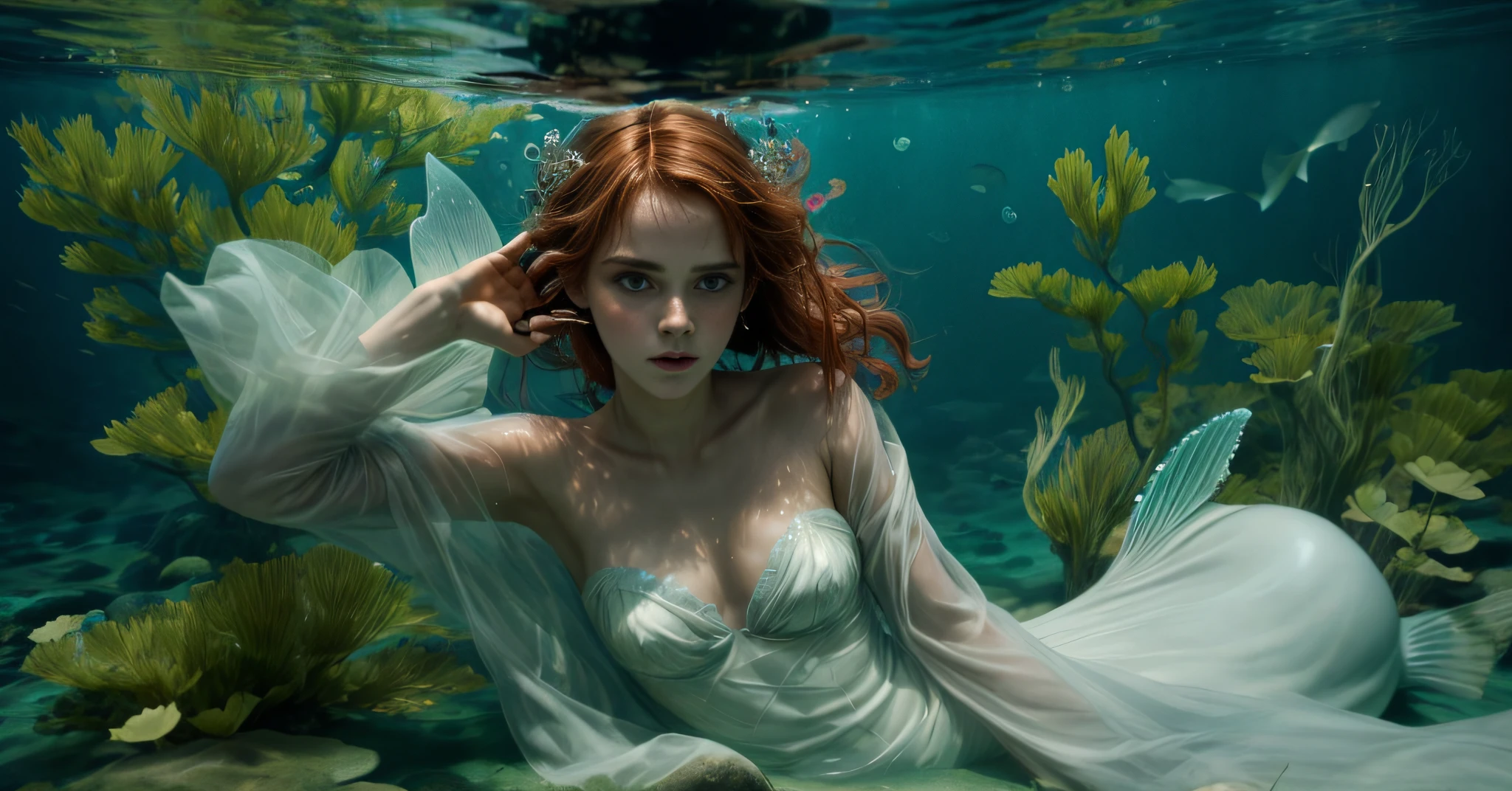 there is a woman in a white dress under water, a still of an ethereal, floathing underwater in a lake, emma watson as a mermaid, emma watson as sea mermaid, sitting in her throne underwater, ophelia, floating under water, still from a music video, nymph in the water, ellie bamber fairy, monia merlo, water fairy, sadie sink