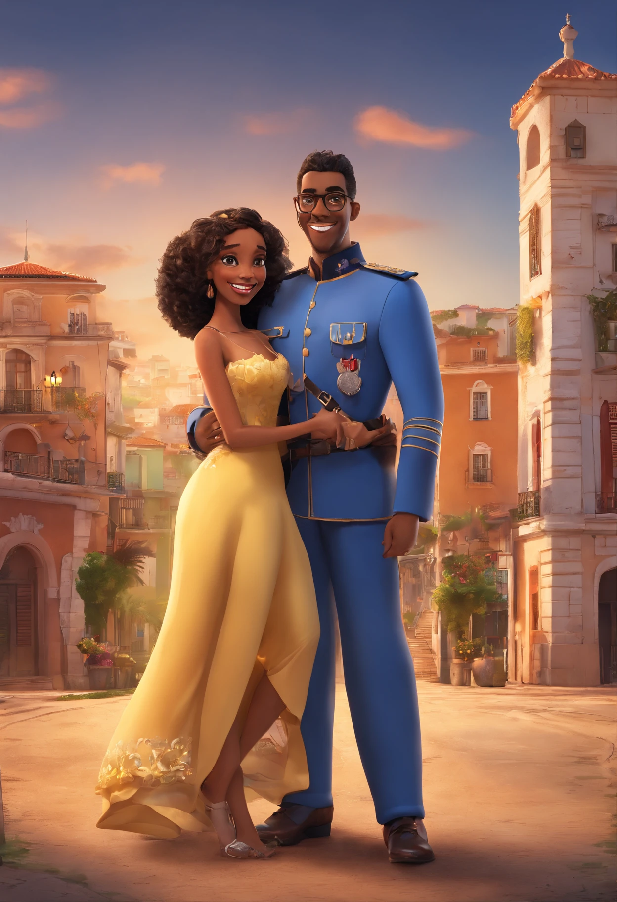 "An illustration of an adorable couple, apresentando um alegre, rechonchudo, Mulatto man with glasses and a brown-skinned woman with beautiful expressive eyes. O homem tem pele mulata e cabelos cacheados, enquanto a mulher tem pele negra e cabelos castanhos lisos. They are wearing the characteristic navy blue uniforms of the Municipal Guard of Feira de Santana, bahia. Atingem um exuberante, austero, e poses imponentes, com um carro patrulha azul marinho e Lagoa Grande, as well as buildings in the background. Illustrate this scene from a perspective where they are facing the camera, sorridente, and showing your connection. Create this artwork in Full HD, Focus on a cinematic touch, no estilo da Disney Pixar Animations. A legenda inferior diz Disney / Pixar, Guarda Municipal de Feira de Santana."