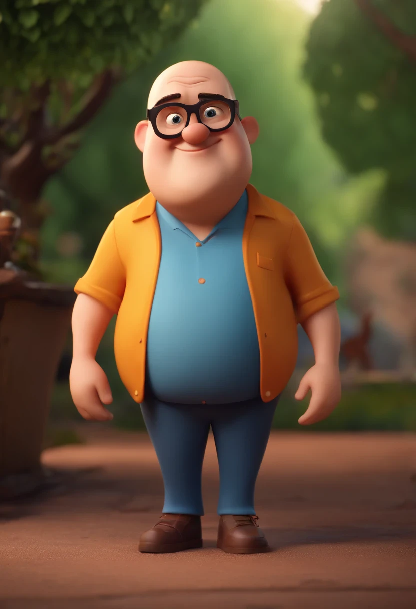 Cartoon character of a chubby bald man with rounded black glasses and a blue shirt, animation character, Caractere estilizado, animation style rendering, 3D estilizado, Arnold Maya render, 3 d render stylized, toon render keyshot, Personagem 3D, Personagem 3D, 3d rendering stylized, 3 d character render, personagem de desenho animado, Personagem de close up, Pose de personagem,  (Estilo Pixar) (master part:1.2) (Bokeh) (best quality) (pele detalhada) (textura detalhada) (8k) (argila) (Cinematic lighting) (foco nítido