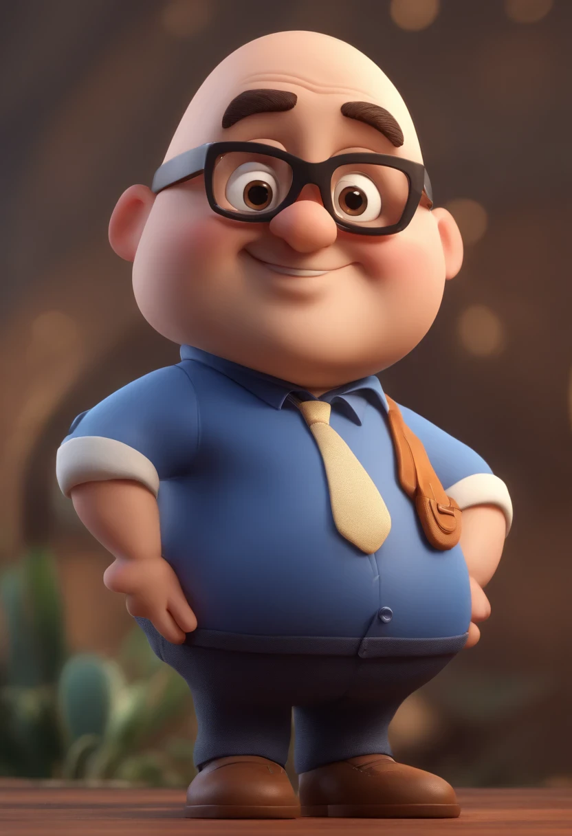 Cartoon character of a chubby bald man with rounded black glasses and a blue shirt, animation character, Caractere estilizado, animation style rendering, 3D estilizado, Arnold Maya render, 3 d render stylized, toon render keyshot, Personagem 3D, Personagem 3D, 3d rendering stylized, 3 d character render, personagem de desenho animado, Personagem de close up, Pose de personagem,  (Estilo Pixar) (master part:1.2) (Bokeh) (best quality) (pele detalhada) (textura detalhada) (8k) (argila) (Cinematic lighting) (foco nítido
