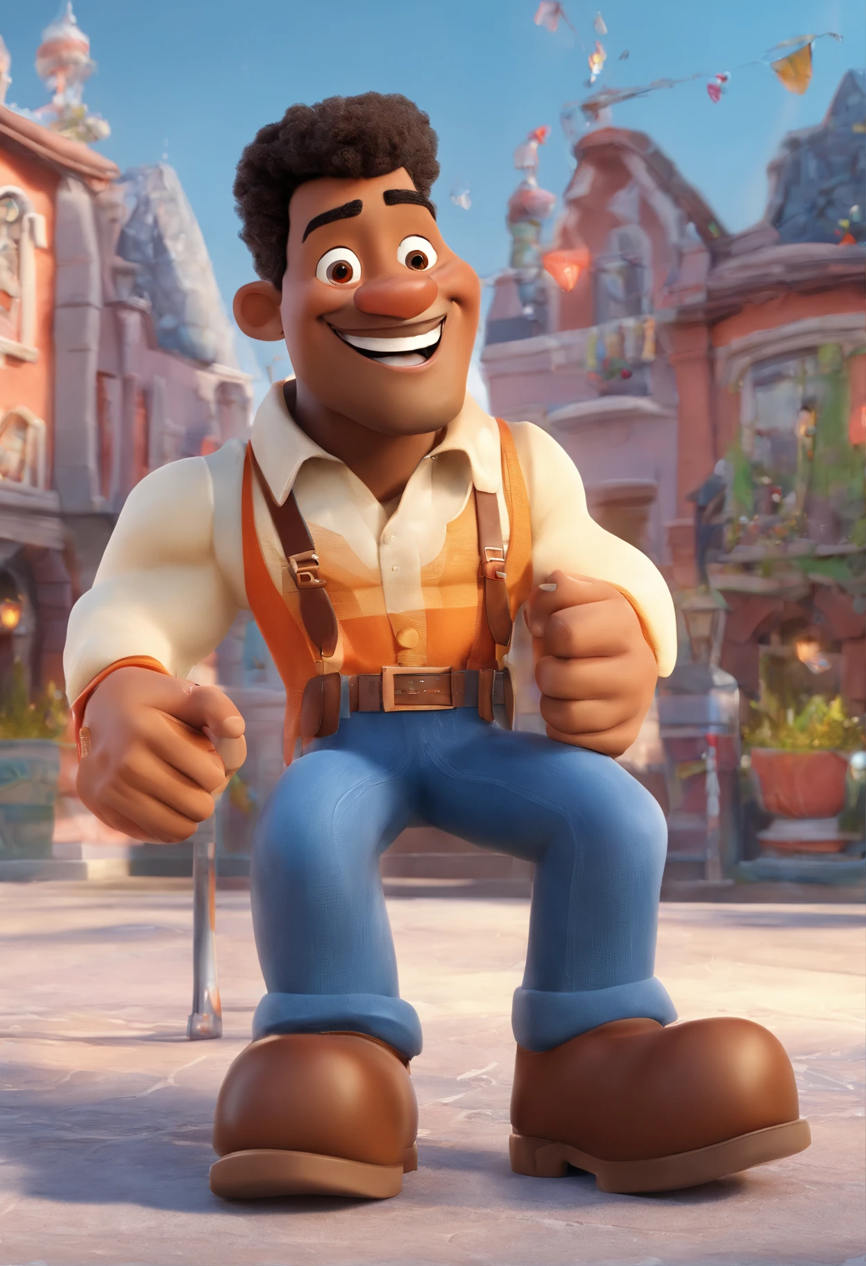 Smiling Man Illustration, sorriso insano, Homem afro americano de pele marrom com um sorriso gigante, happily smiling at the camera, sorriso atrevido, he's smiling, sorriso muito grande, Macho sorridente, foto de perfil headshot, rindo sorriso enorme, desenhando no estilo de Arte 3D, c4d, fundo de cor branco puro, estilo disney, estilo pixar render ilustracao Super Detalhe, 8k