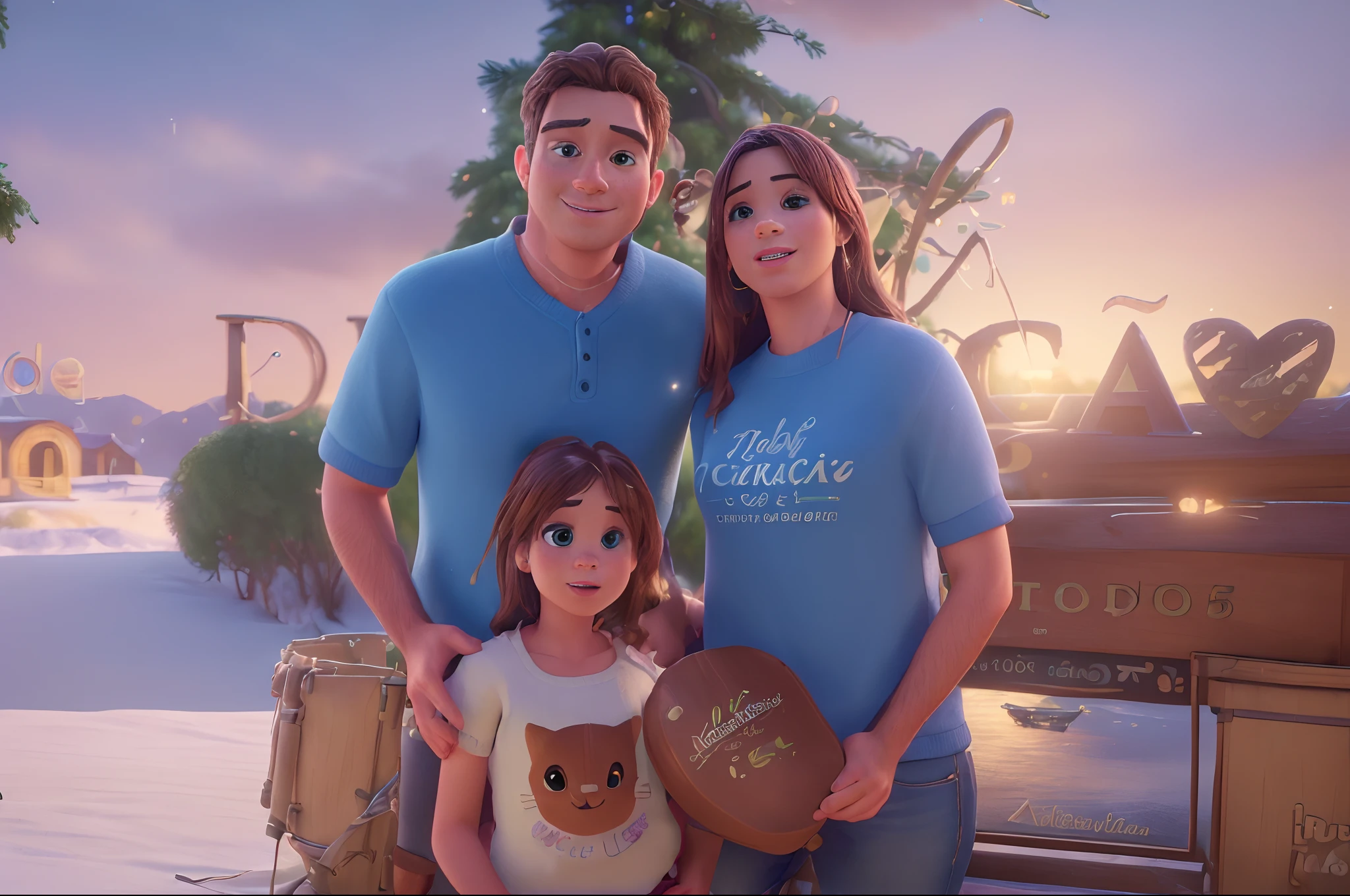 (best quality,8k,highres,masterpiece:1.2),ultra-detailed,(realistic,photorealistic,photo-realistic:1.37),casal com filha, Disney Pixar style, Christmas scenery, atmospheric perspective, detailed facial features