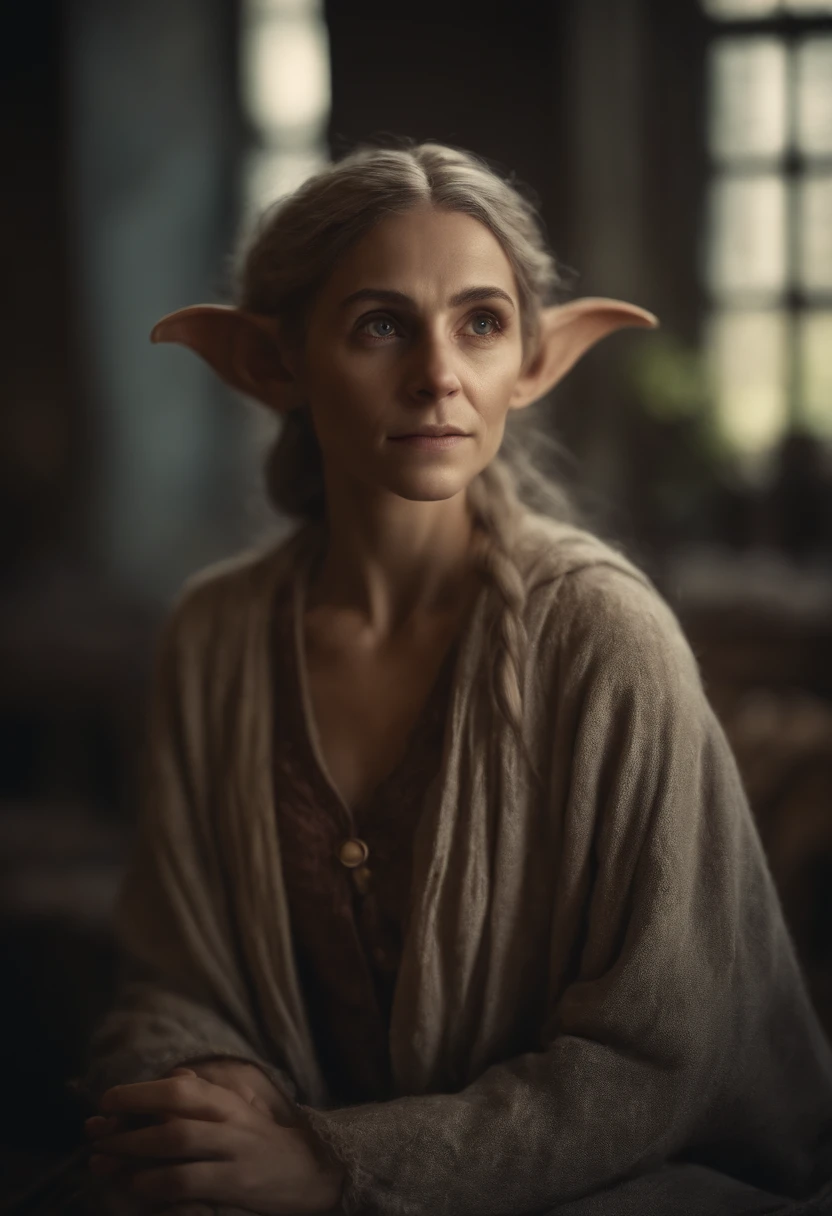 Draw a female house-elf in shabby clothes based on the Harry Potter universe