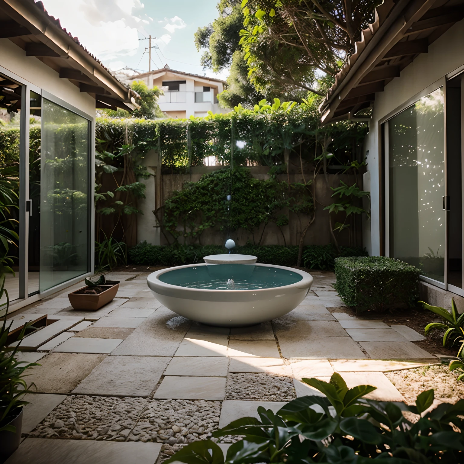 crie uma imagem fotorealista de um jardim interno contemporaneo.