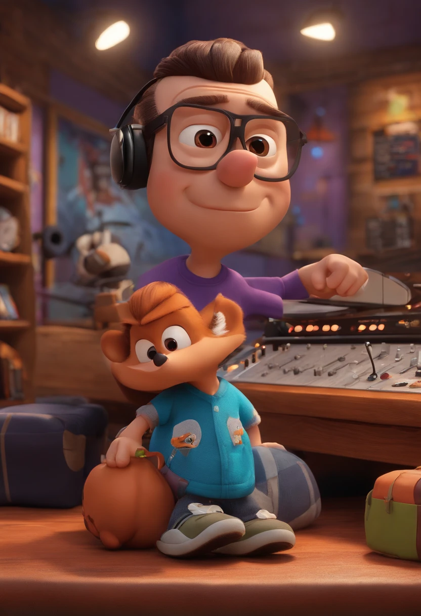 um homem, em breve, sem curta, olhos castanhos, com fones de ouvido, A music studio in the background, Imagem no estilo Pixar, Estilo de filme animado 3D, Disney, camiseta preta