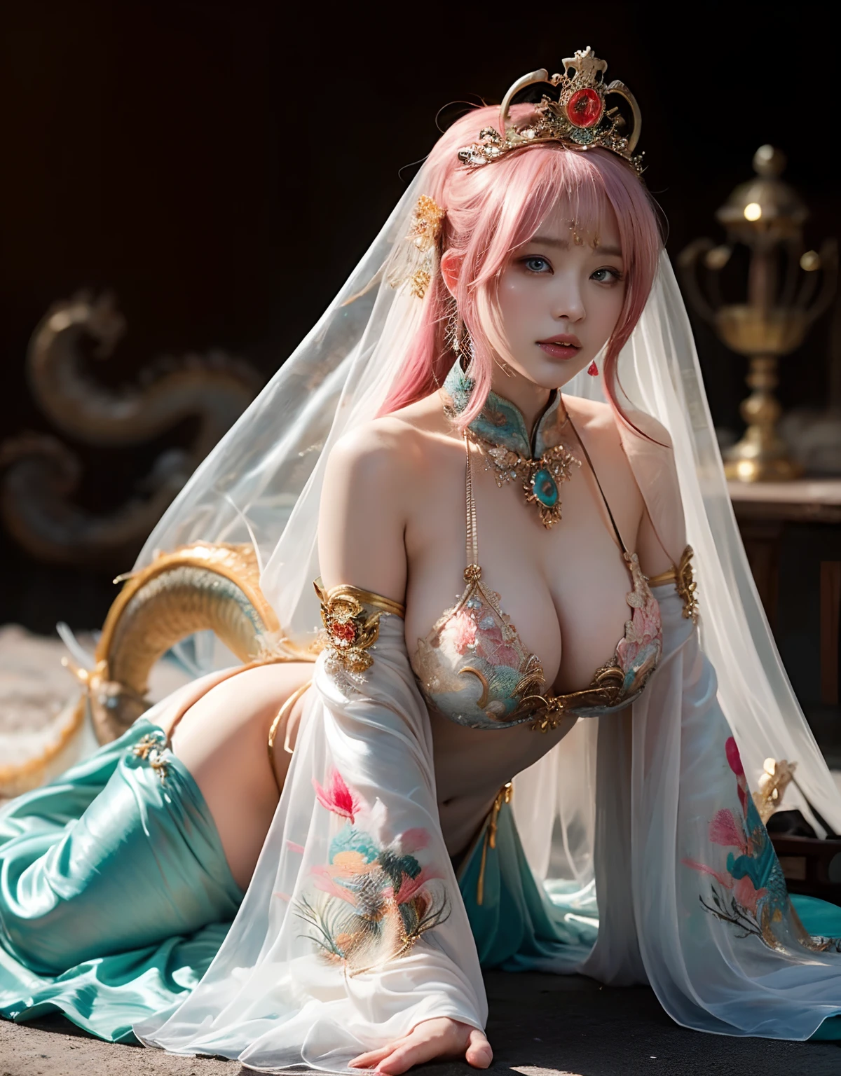 (heavy breasts)、top-quality、masterpiece、超A high resolution、(Blue Dragon Armor)、(((Colossal tits))),dragon armor、(((Detailed Micro Bikini))),(Wearing a beautiful crown made of jewels),(Photorealsitic:1.4)、Raw photo、1人、(((Random hair))、(((Take different poses)))、glowy skin、(((Chinese Dragon)))、Intricate and ornate hair ornaments、(Gorgeous Jewelry Necklaces)、(Mystical expression)、(Full Body Angle)、(Fight big dragons)、With a beautiful knife、(Pink Metal Bikini)、(beautiful forest background)、Precipitous cliffs、(Castle background)、((super realistic details))、portlate、globalillumination、(sexypose)、Shadow、octan render、(One-Eyed Scouter)、8K、ultrasharp、Colossal tits、Raw skin is exposed in cleavage、metals、Details of complex ornaments、Japan details、highly intricate detail、Realistic light、CGSoation Trends、Blue eyes、radiant eyes、Facing the camera、Precipitous cliffs、Toostock、(Full Body Angle)、(veils)、(((Heavy Big))),
