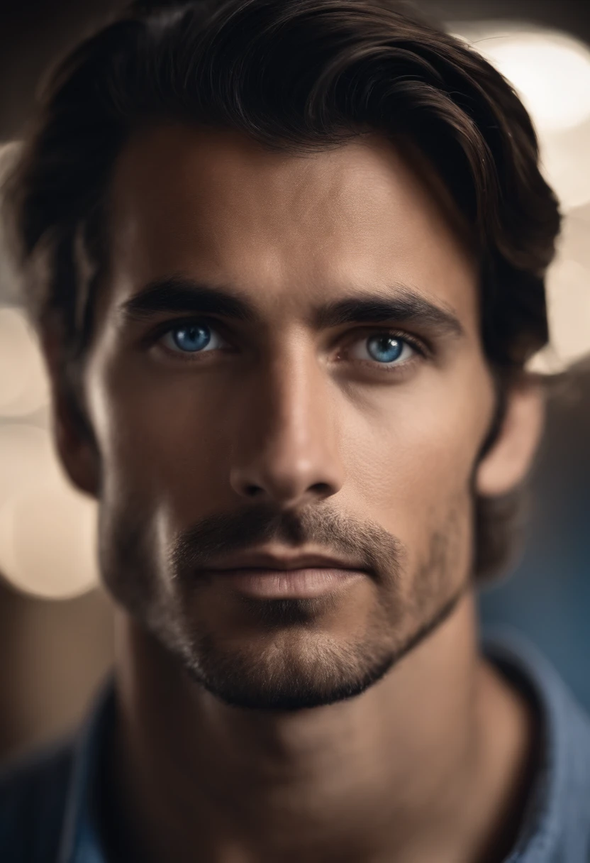 Latino scientist, blue eyes, light stubble and chin long brown hair. Thin face but refined