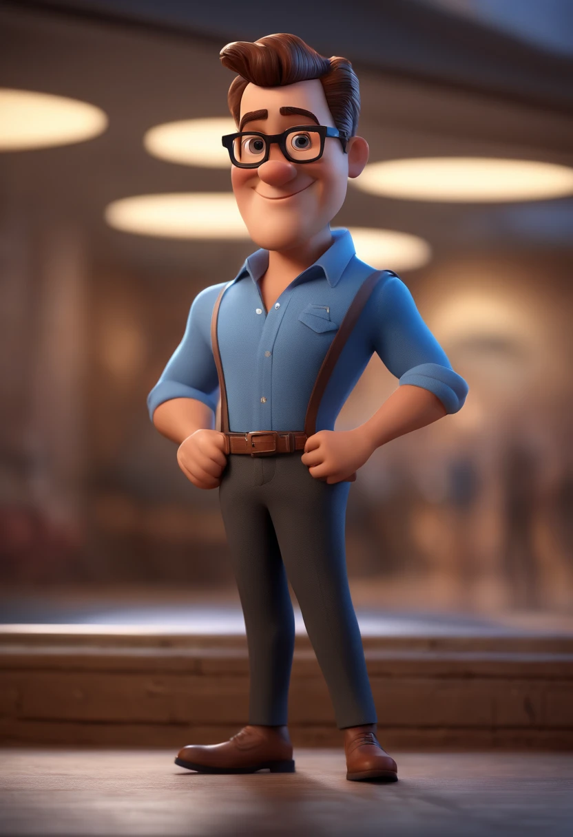 Cartoon character of a man with black glasses and a blue shirt, animation character, Caractere estilizado, animation style rendering, 3D estilizado, Arnold Maya render, 3 d render stylized, toon render keyshot, Personagem 3D, Personagem 3D, 3d rendering stylized, 3 d character render, personagem de desenho animado, Personagem de close up, Pose de personagem,  (Estilo Pixar) (master part:1.2) (Bokeh) (best quality) (pele detalhada) (textura detalhada) (8k) (argila) (Cinematic lighting) (foco nítido