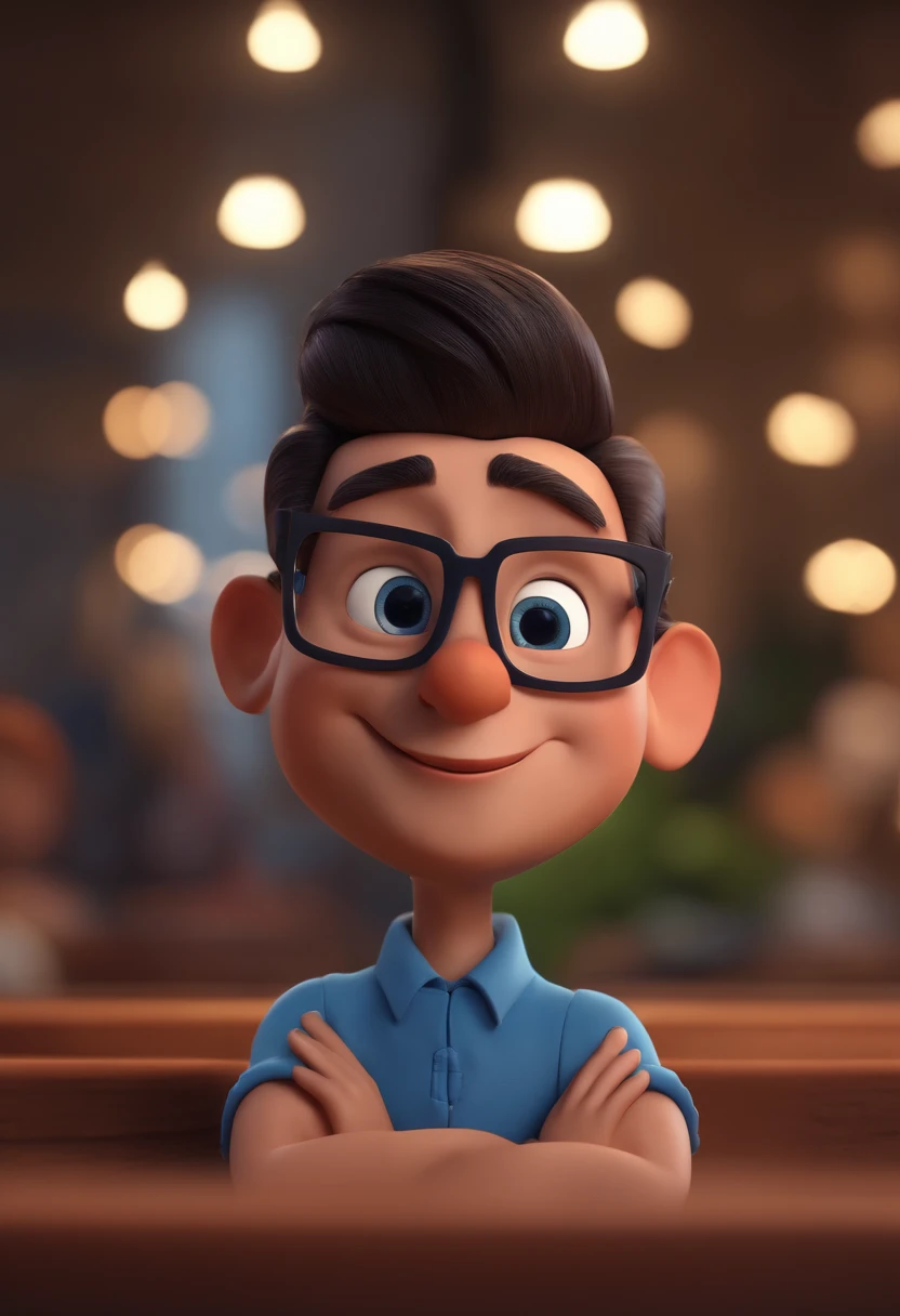 Cartoon character of a man with black glasses and a blue shirt, animation character, Caractere estilizado, animation style rendering, 3D estilizado, Arnold Maya render, 3 d render stylized, toon render keyshot, Personagem 3D, Personagem 3D, 3d rendering stylized, 3 d character render, personagem de desenho animado, Personagem de close up, Pose de personagem,  (Estilo Pixar) (master part:1.2) (Bokeh) (best quality) (pele detalhada) (textura detalhada) (8k) (argila) (Cinematic lighting) (foco nítido