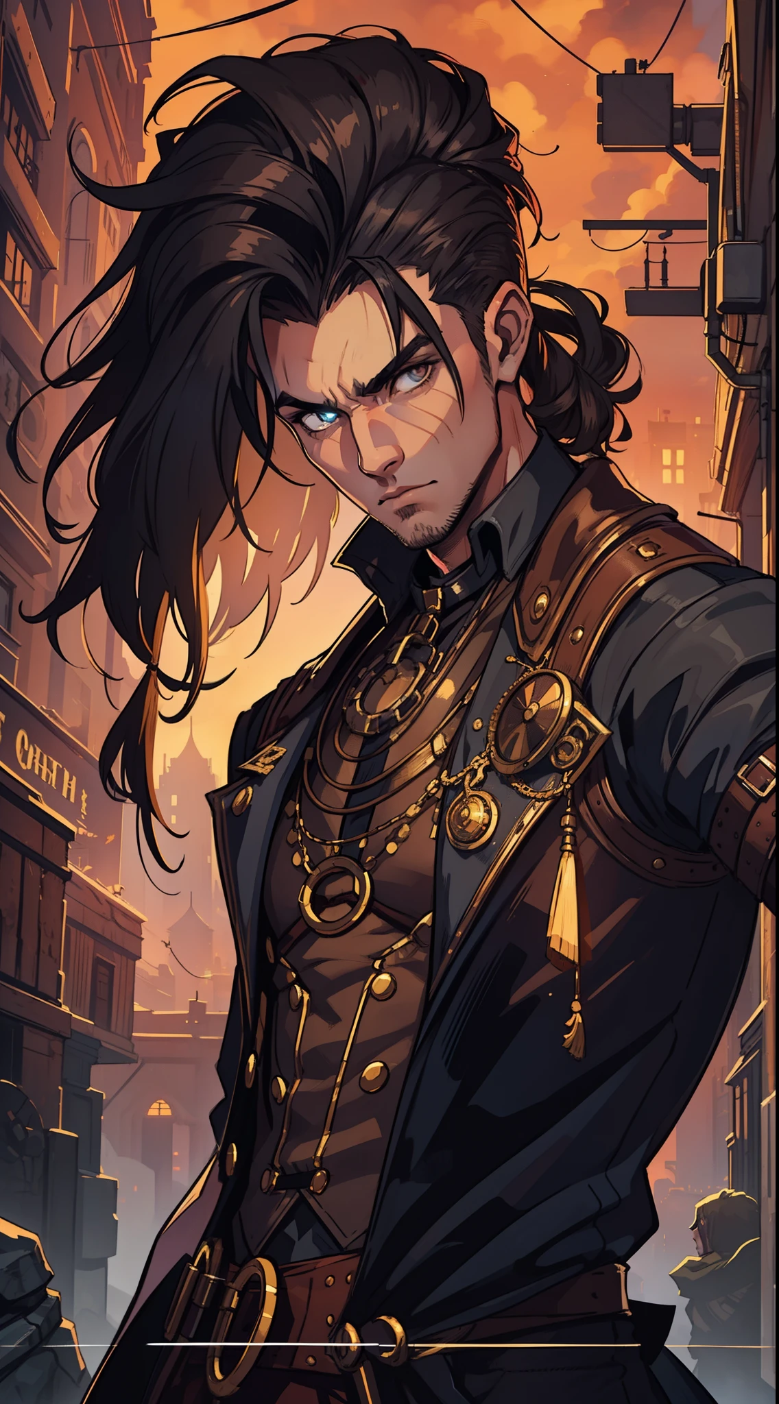 1 Handsome 30-year-old man shaved his hair on the side Muscular exposed arms wearing a shirt Steampunk Tattuages Dark Gaze of Mystery An art for an RPG A non-human night background of the city ((Very detailed strokes))