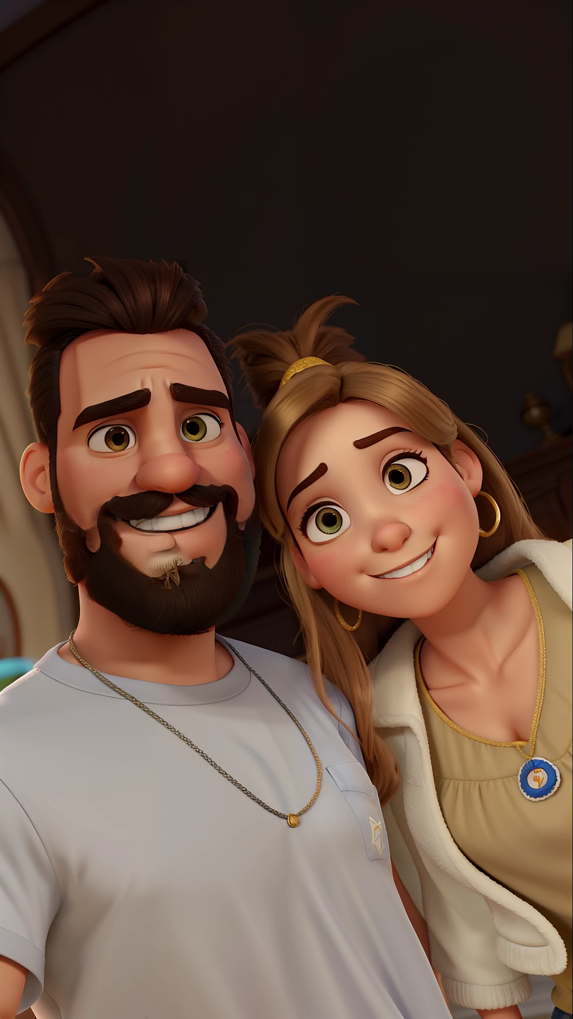 Casal estilo disney pixar melhor qualidade alta qualidade. Homem de cabelo curto com barba e mulher branca de cabelos longos ruivo claro