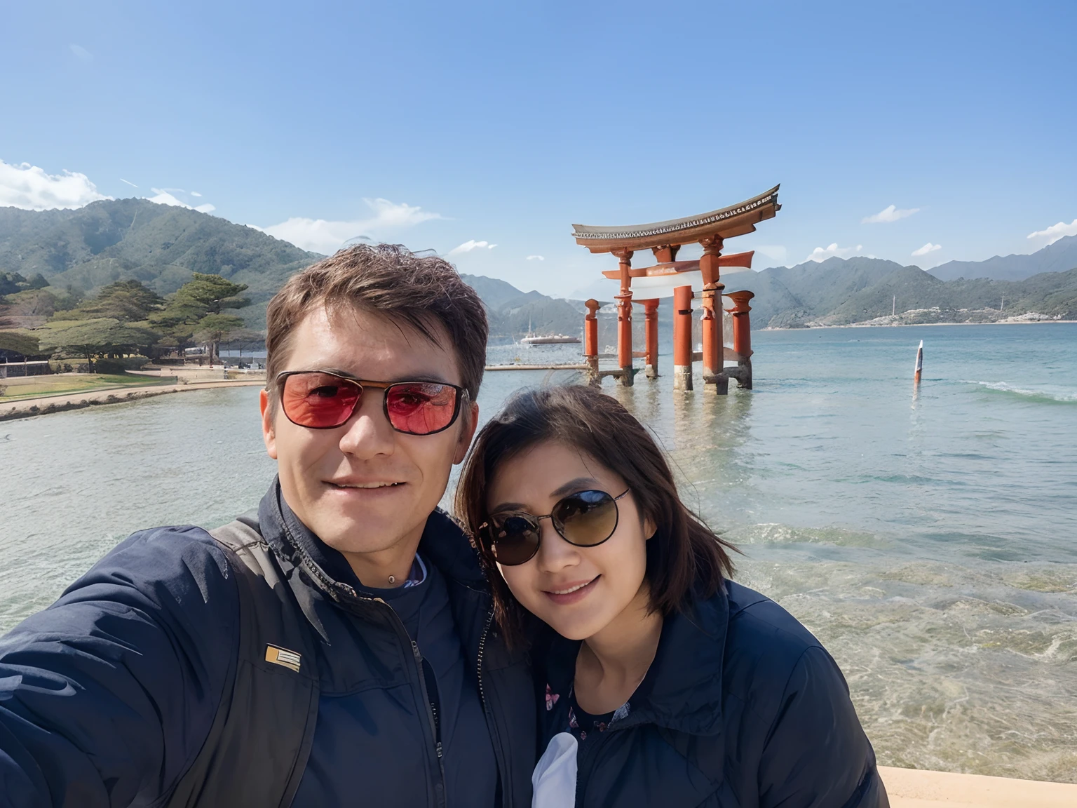 White Man and japanese woman wearing sun glasses in Miyajima Japan disney pixar