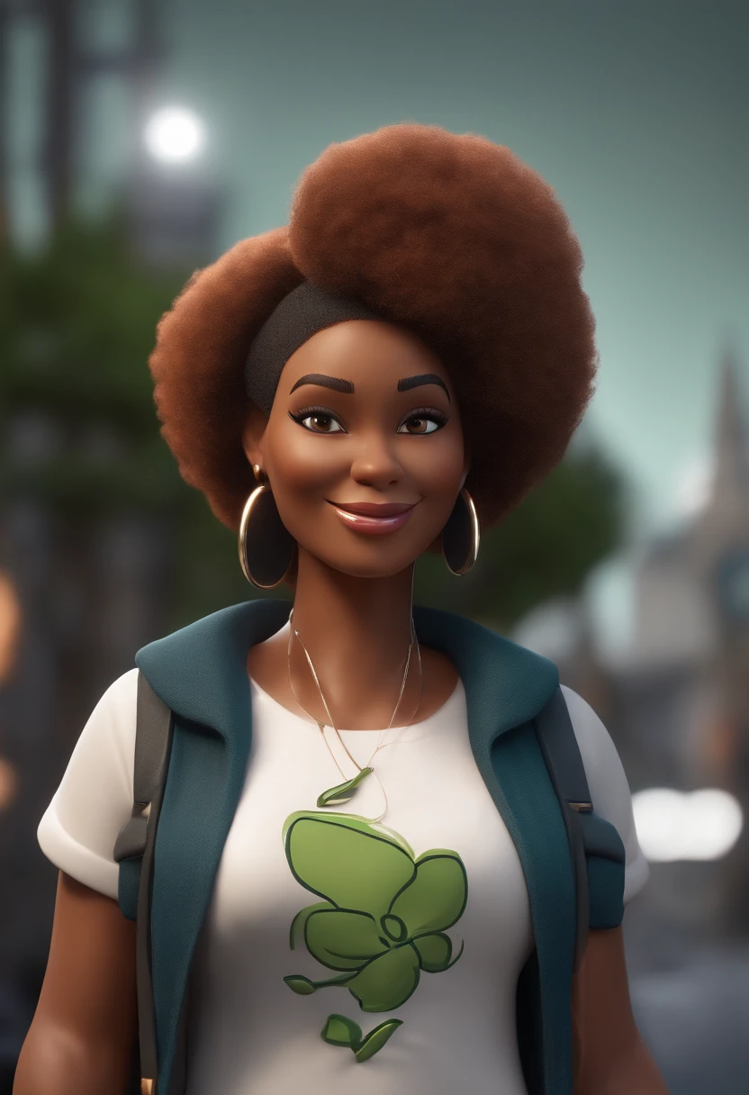 Personagem de desenho animado de uma mulher negra de 46 anos obesa, cabelo afro curto, usando camiseta de cor laranja com mangas dobradas, saia justa verde escuro, white sneakers, tocando contra baixo preto. Animation Style Editing, 3D estilizado, Arnold Maya render, 3 d render stylized, toon render keyshot, Personagem 3D, Personagem 3D, 3d rendering stylized, 3 d character render, personagem de desenho animado, Personagem de close up, Pose de personagem, (Estilo Pixar) (master part:1.2) (Bokeh) (best quality) (pele detalhada) (textura detalhada) (8k) (argila) (Cinematic lighting) (foco nítido，Senta e vaza a parte superior do corpo