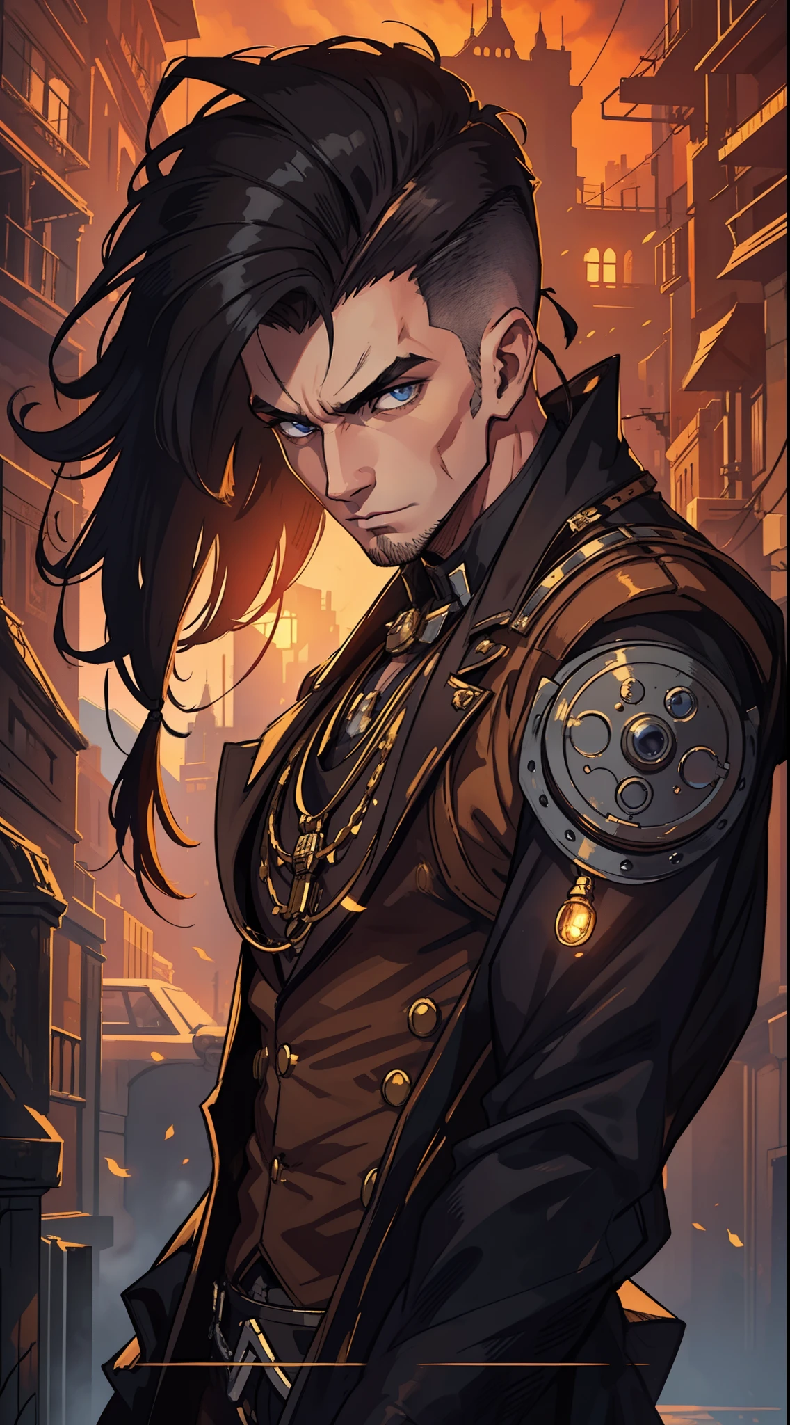 1 Handsome 30-year-old man shaved his hair on the side Muscular exposed arms wearing a shirt Steampunk Tattuages Dark Gaze of Mystery An art for an RPG A non-human night background of the city ((Very detailed strokes))