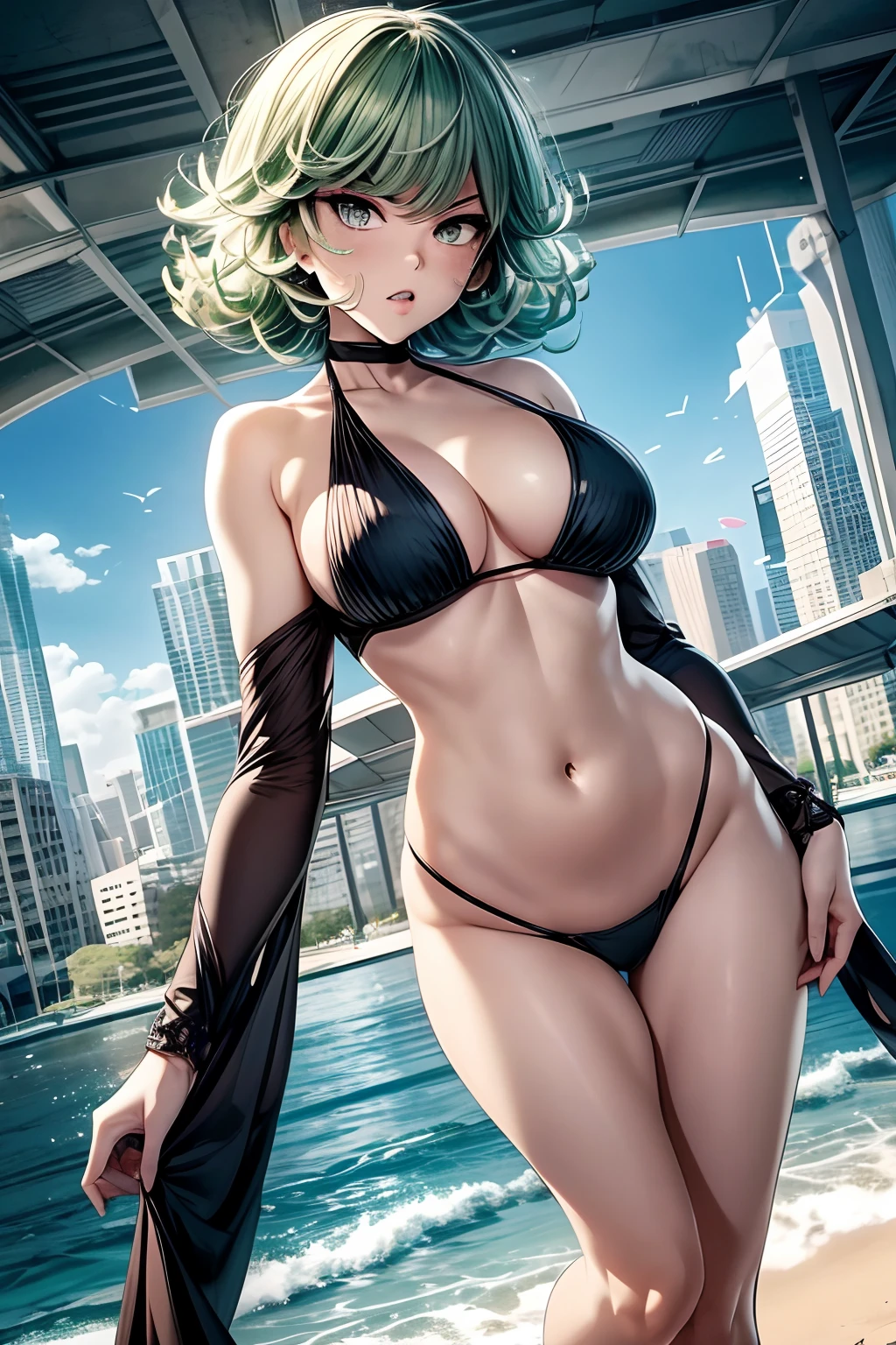 tatsumaki de um homem de soco, cabelo verde curto, olhos verdes, peito pequeno, (((usando biquini fio dental))), whole body view, Standing on the beach in the warm sun, pernas musculosa, cintura fina, musculo na barriga, bunda grande, (((foto de corpo inteiro))), barefoot, ((( de costas para camera mostrando a bunda))), eye reflection, glowing eyes, glowing eyes, sulking, anime, Minimalism, anime style, ray tracing, cinematic lighting, cinematic lighting, sparkle, sparkle, jpeg artifacts, glowing light, god rays, ray tracing, drop shadow, panorama, Sony FE, from below, UHD, masterpiece, ccurate, ccurate, anatomically correct, super detail, high quality, best quality, highres, 16k