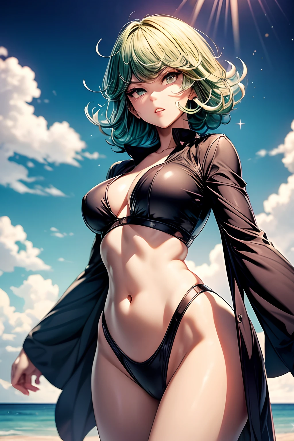 tatsumaki de um homem de soco, cabelo verde curto, olhos verdes, peito pequeno, (((usando biquini fio dental))), whole body view, Standing on the beach in the warm sun, pernas musculosa, cintura fina, musculo na barriga, bunda grande, (((foto de corpo inteiro))), barefoot, ((( de costas para camera mostrando a bunda))), eye reflection, glowing eyes, glowing eyes, sulking, anime, Minimalism, anime style, ray tracing, cinematic lighting, cinematic lighting, sparkle, sparkle, jpeg artifacts, glowing light, god rays, ray tracing, drop shadow, panorama, Sony FE, from below, UHD, masterpiece, ccurate, ccurate, anatomically correct, super detail, high quality, best quality, highres, 16k