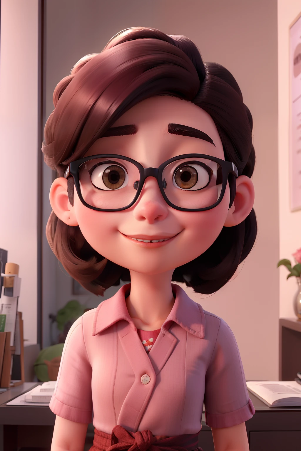 Criar uma menina com o rosto redondo, Square glasses descendant of Japanese studying, cabelo longo e ondulado, pele clara e boca rosinha cabelo castanho escuro e olhos castanho escuro, colocar um fundo rosa de estudos para concurso