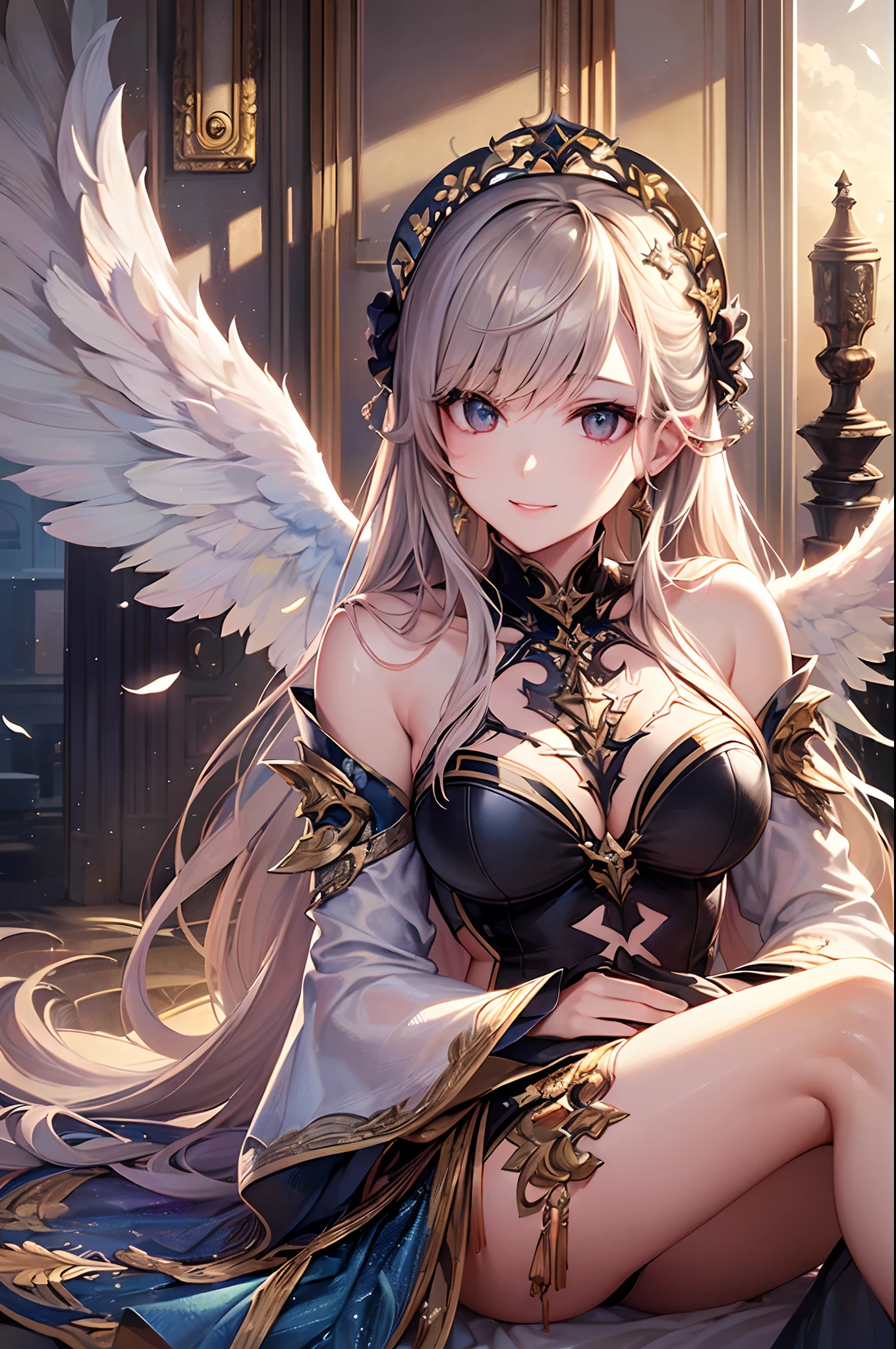 ((Finest quality)),(超A high resolution),(ultra-detailliert),(Meticulous portrayal),((best pictures)),(Finest works of art),Ultra-Precision Art,The art of astounding depiction, (1 Female Angel:1.5),a smile,Flapping,Fluttering feathers