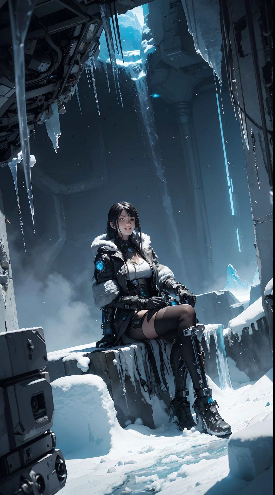 ((nsfw)),((gigantic breast:1)Cyberpunk, mechanical, broken, there is a picture of a very large iceberg, cyberpunk, mechanical, broken, with a lot of snow, dungeon background, icicle background, arena background, game background, dark dark cave background,a female warrior sitting down,((angry:1))