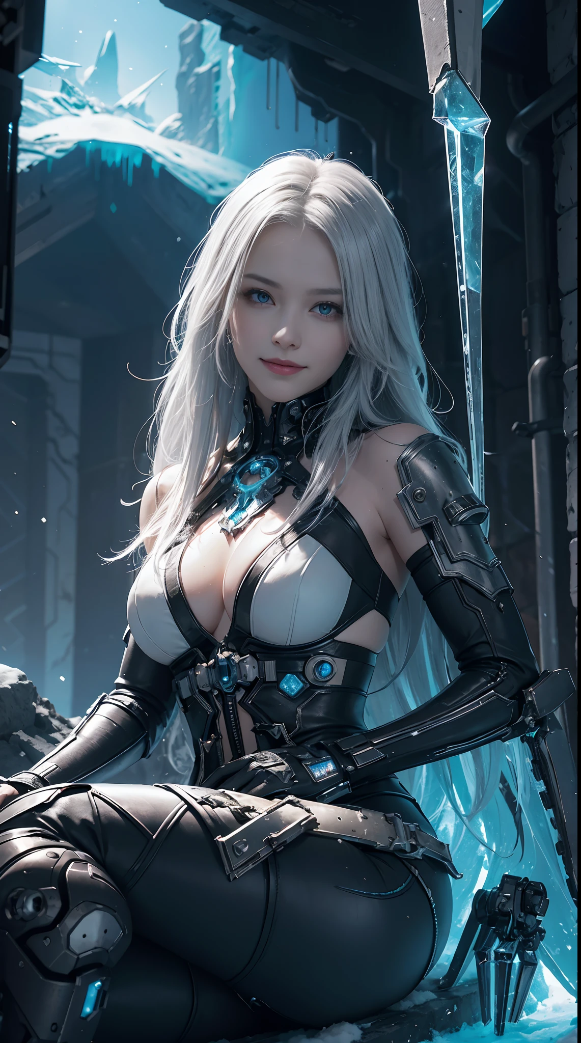Cyberpunk, mechanical, broken, there is a picture of a very large iceberg, cyberpunk, mechanical, broken, with a lot of snow, dungeon background, icicle background, arena background, game background, dark dark cave background,a female warrior sitting,((smile:1))